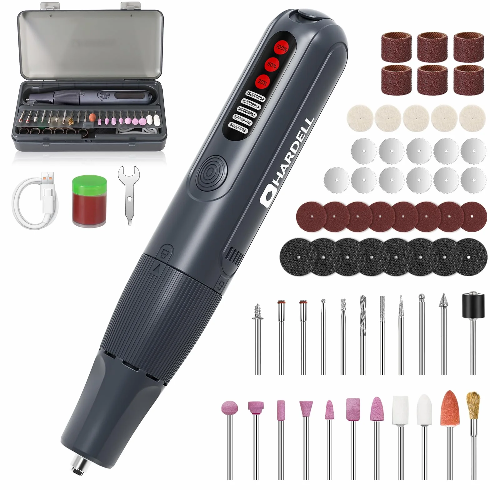 HARDELL Mini Taladro Eléctrico 8V, Herramienta Rotativa Multifunción, 5 Velocidades, 61 Accesorios, Pantalla Digital, Tipo-C, Luz LED, Aspiración Magnética, Para Taladrar, Grabar, Pulir, DIY
