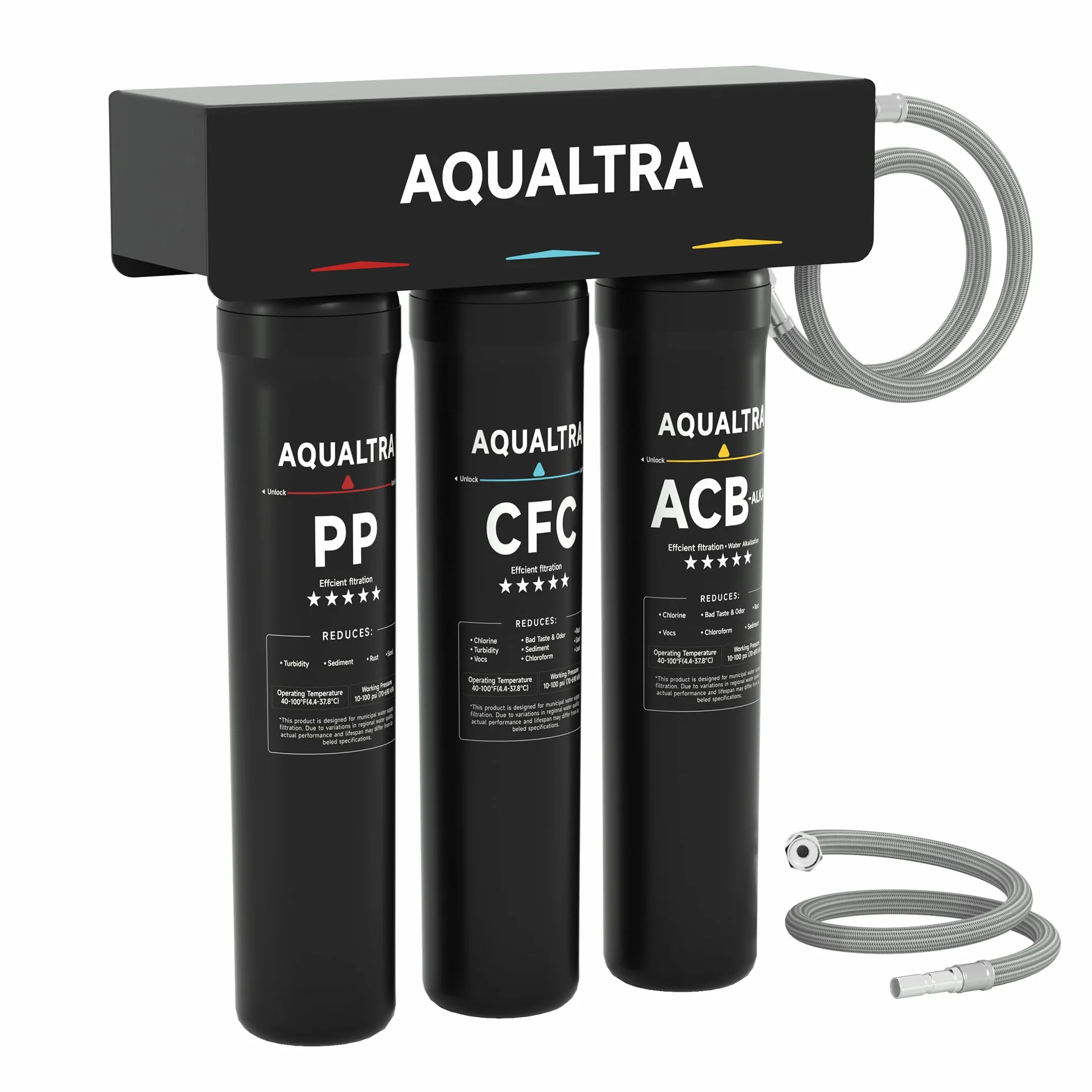 AQUALTRA USF-3B-15 Sistema de filtro bajo fregadero ligeramente alcalino, 30000–151000 L, reduce PFOA, PFOS, cloro, plomo, mercurio, cloramina, fluoruro, partículas de microplásticos, mal sabor y olor