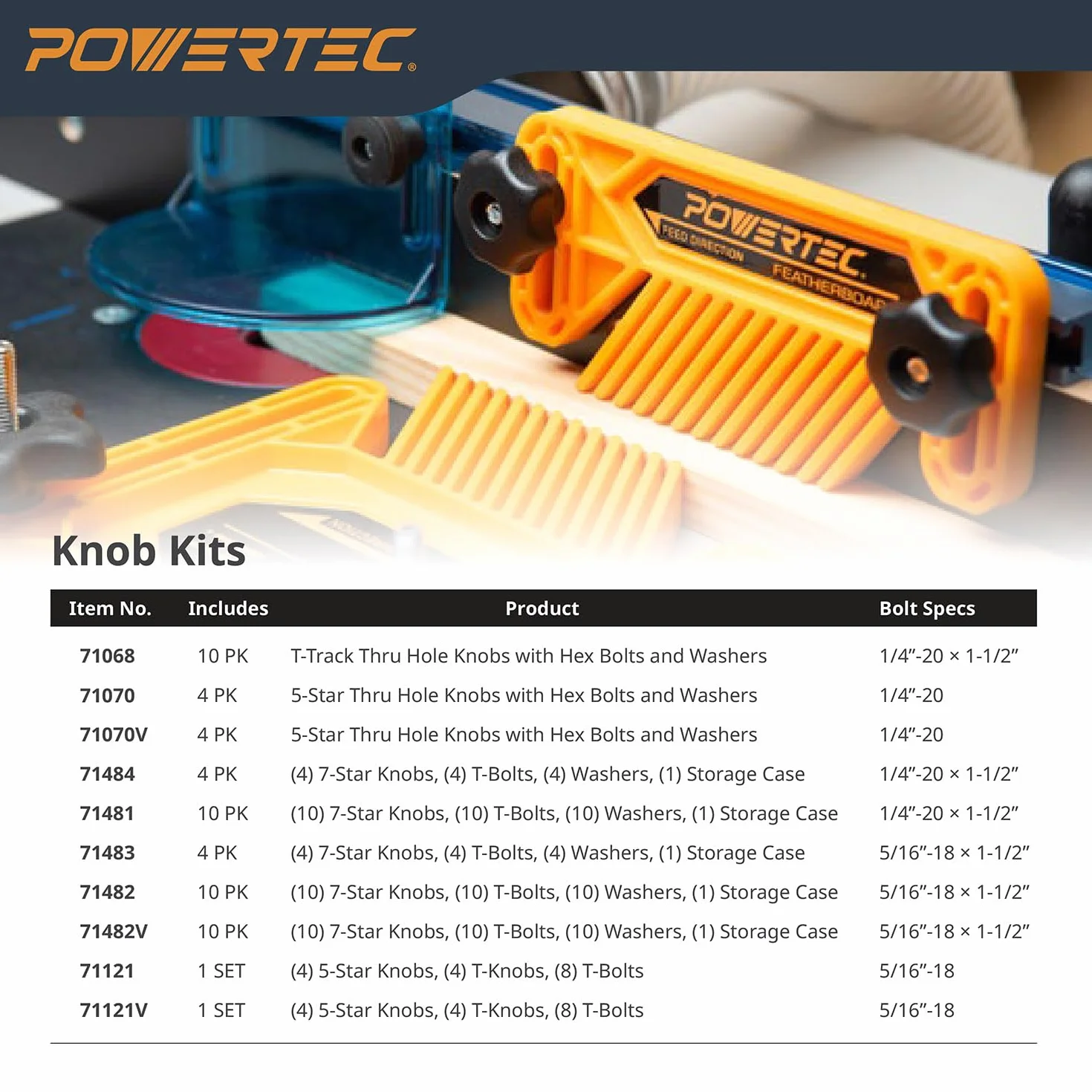 POWERTEC 71121 Kit de pomos en T con perillas roscadas y pernos en T de 5/16 a 18 para carpintería, juego de 16 piezas