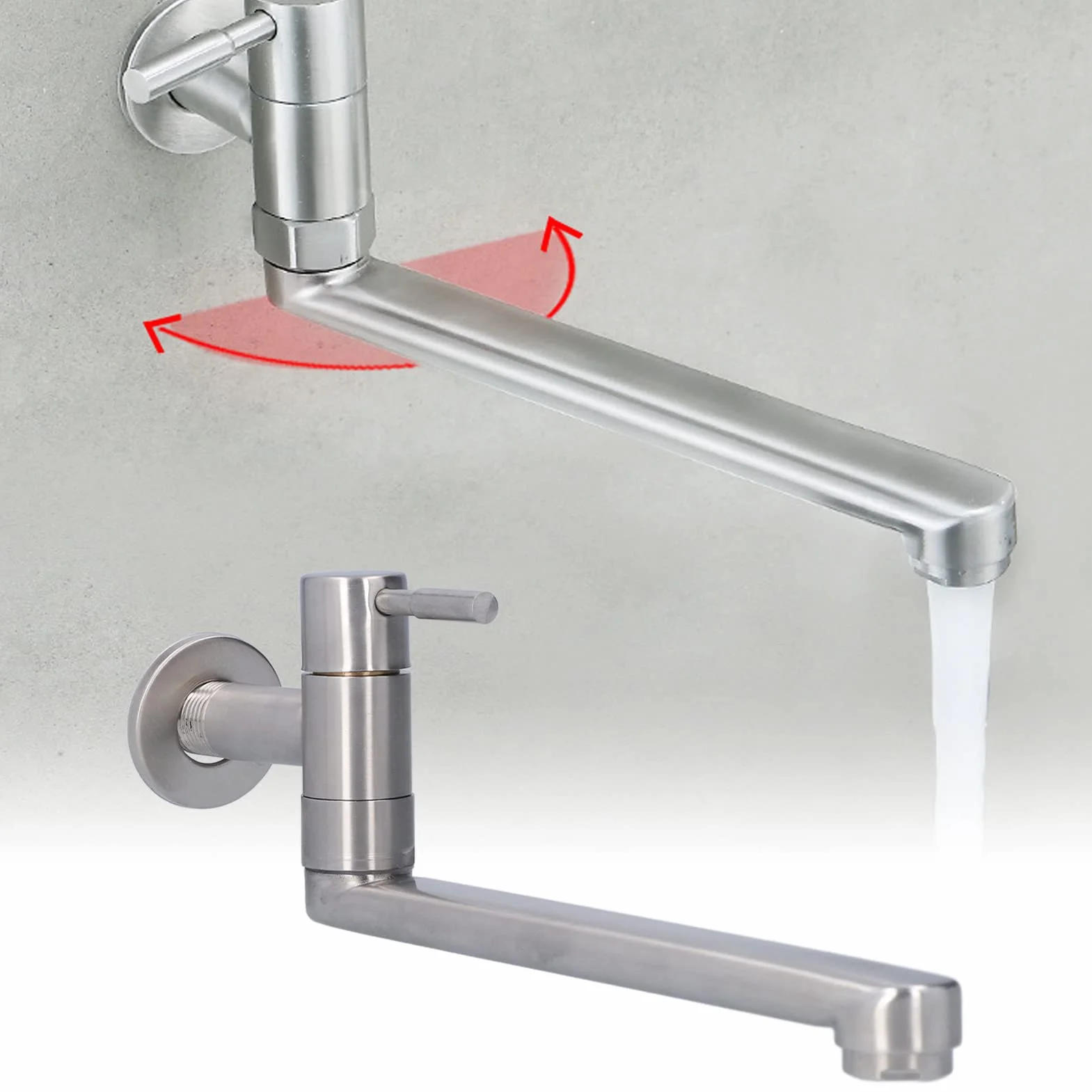 Grifo de Baño y Cocina de Pared G1/2 - Acero Inoxidable, Montado en la Pared, 360° Caño Giratorio Alargado para Lavabos, Fregaderos, Piscinas y Balcón