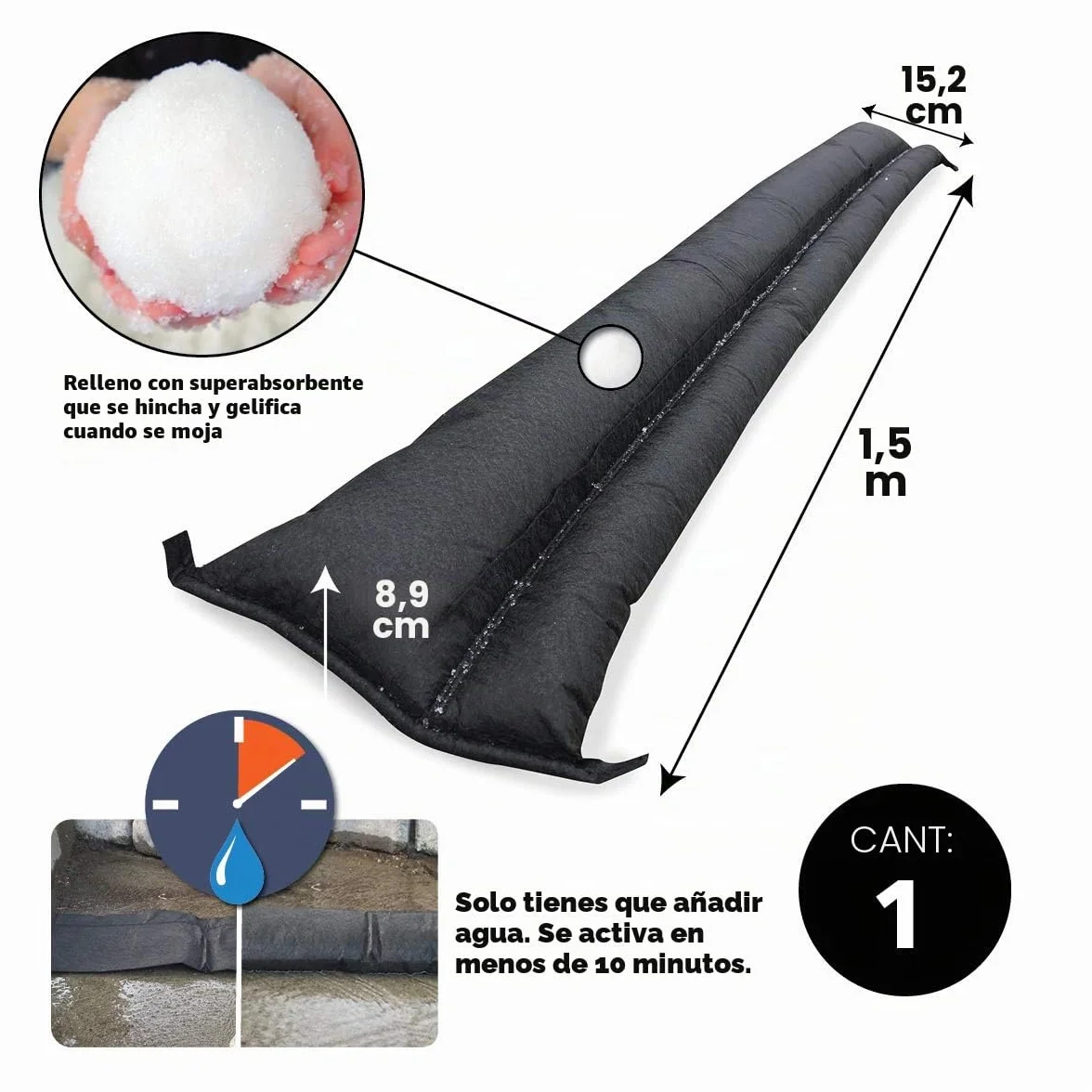 Quick Dam Barrera de contención activada por Agua, 1.5 m, 1 Unidad, QD65-1, 0V