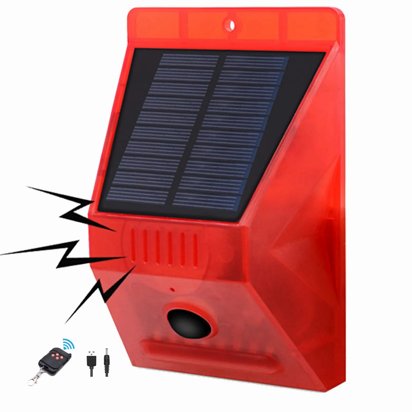 Alarma Solar con Sensor de Movimiento para Exteriores, generador de Ruido de Sirena de 129 dB , 4 Modos de Trabajo,con Control Remoto, para Patio, Granja