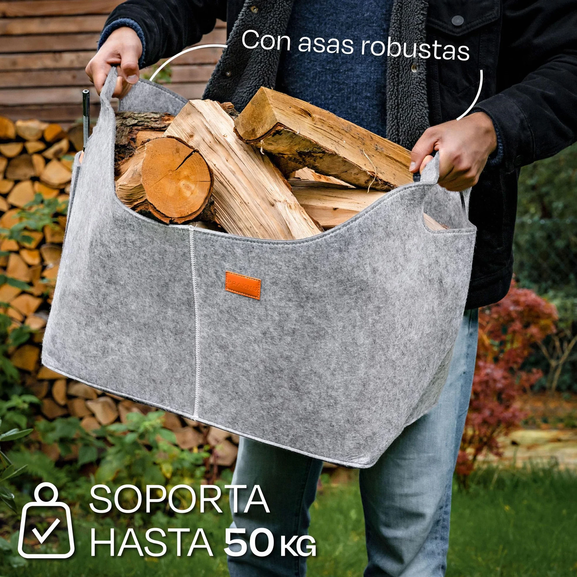 Praknu Cesto para Leña Interior - Grande - De Fieltro Reciclado - Con Asas de Transporte - Bolsa de Fieltro para Almacenar Leña de Chimenea y Más - Gris