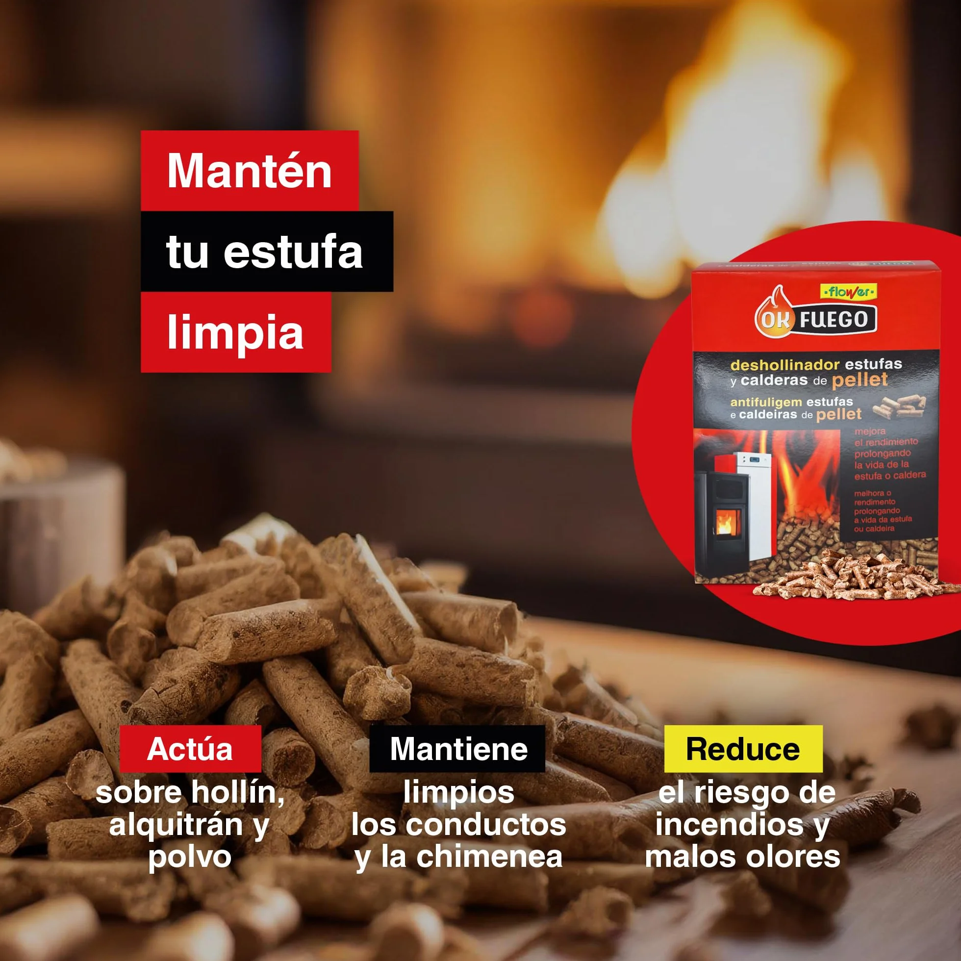 FLOWER Deshollinador Estufas y Calderas de Pellet 4,5 kg | Limpieza Hollín, Alquitrán y Polvo Chimena | Ahorro de Combustible y Mejora Rendimiento | Mayor Vida Útil Estufa