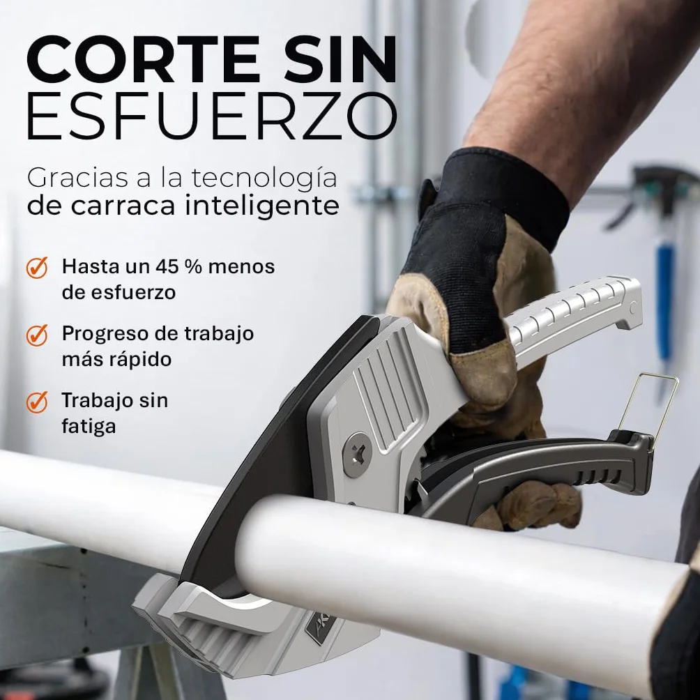 KLRStec Juego de cortador de tubos de PVC profesional ProSlice 6400 (64 mm/2-1/2") Cortador Profesional con Carraca para PVC, PE, PP – Incluye Cuchilla de Repuesto y Funda Nylon con Clip