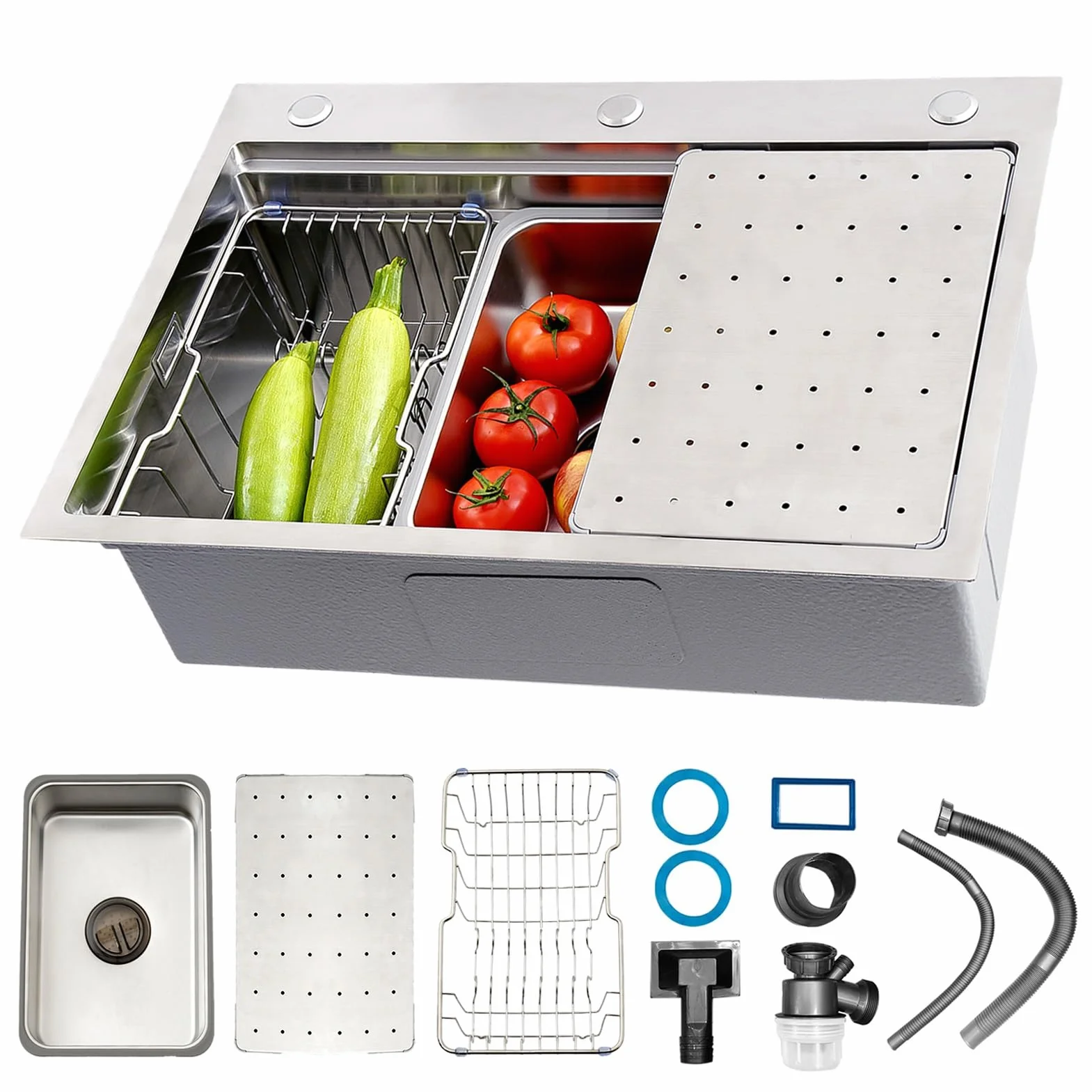 Fregadero Cocina Grande Acero Inoxidable 304, Fregadero 1 Seno Plateado, Fregaderos Un Seno Con Canasta De Drenaje, Para Instalación Bajo Encimera, Sobre Encimera(B,60x50x22cm)