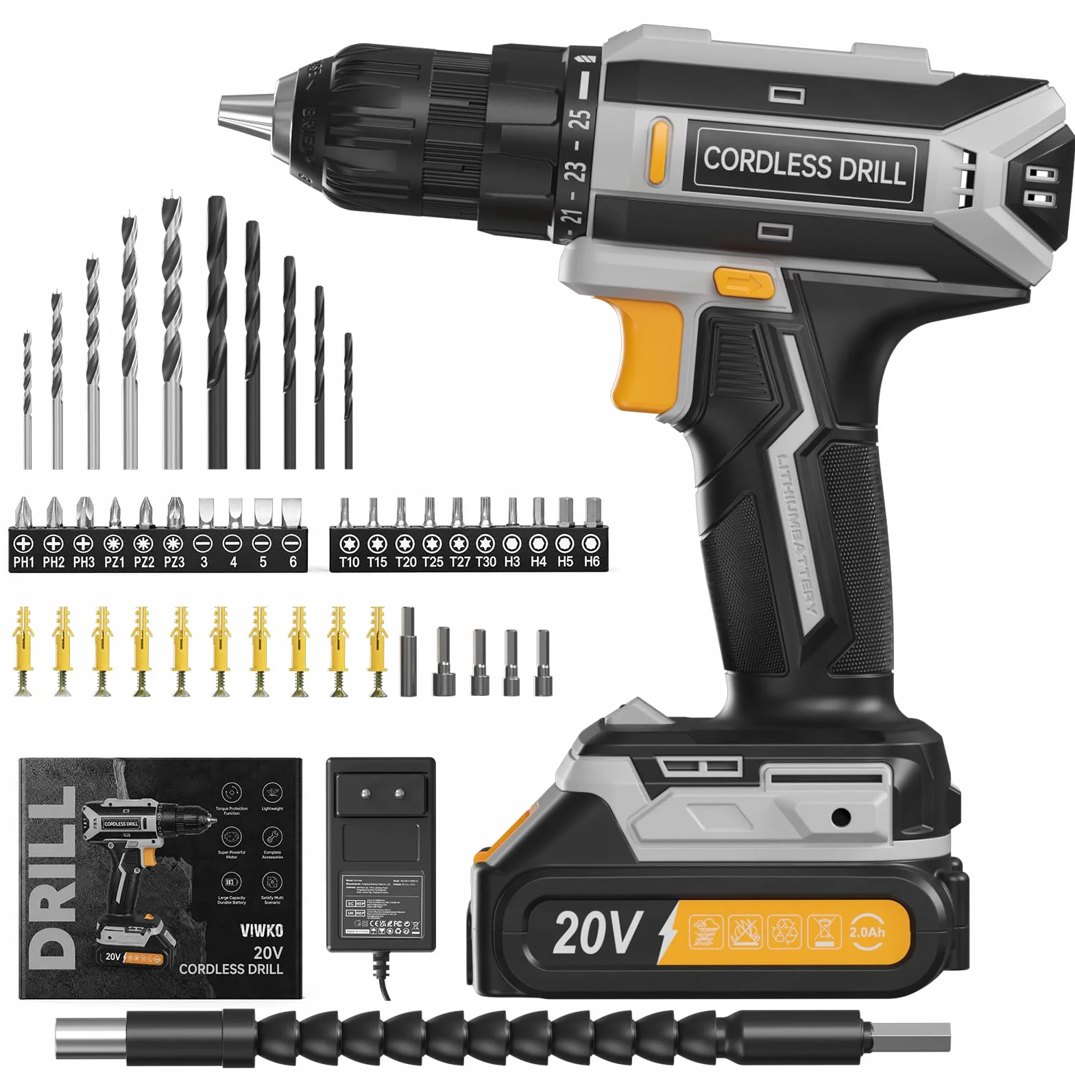 Taladro Atornillador Inalámbrico 20V, Taladro Atornillador Bateria 42Nm con 25+1 Ajustes de Torque, Luz LED, Kit 56 Piezas, Destornillador Eléctrico para Bricolaje en Casa y Jardín, Gris