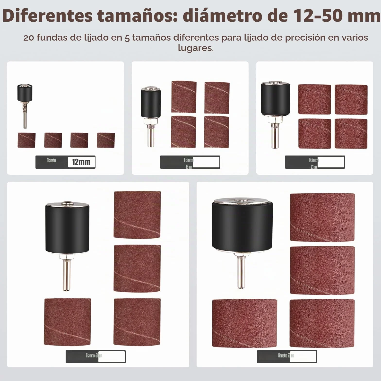 FreeTec 25 piezas Tambores de Lijado, Mangas de Lijado Grano 80 y 120, 1/8" 1/4" Kit Cilindros de Lijado, Tambor Lija de Madera para Taladro, Ø12 18 23 31 50 mm
