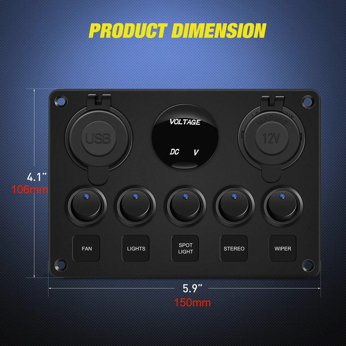 Greluma 1 Pieza Panel de interruptores basculantes 5 posiciones con interruptores automáticos,fusible línea de 15A,voltímetro digital,cargador USB y toma de encendedor 12V para barcos,automóviles