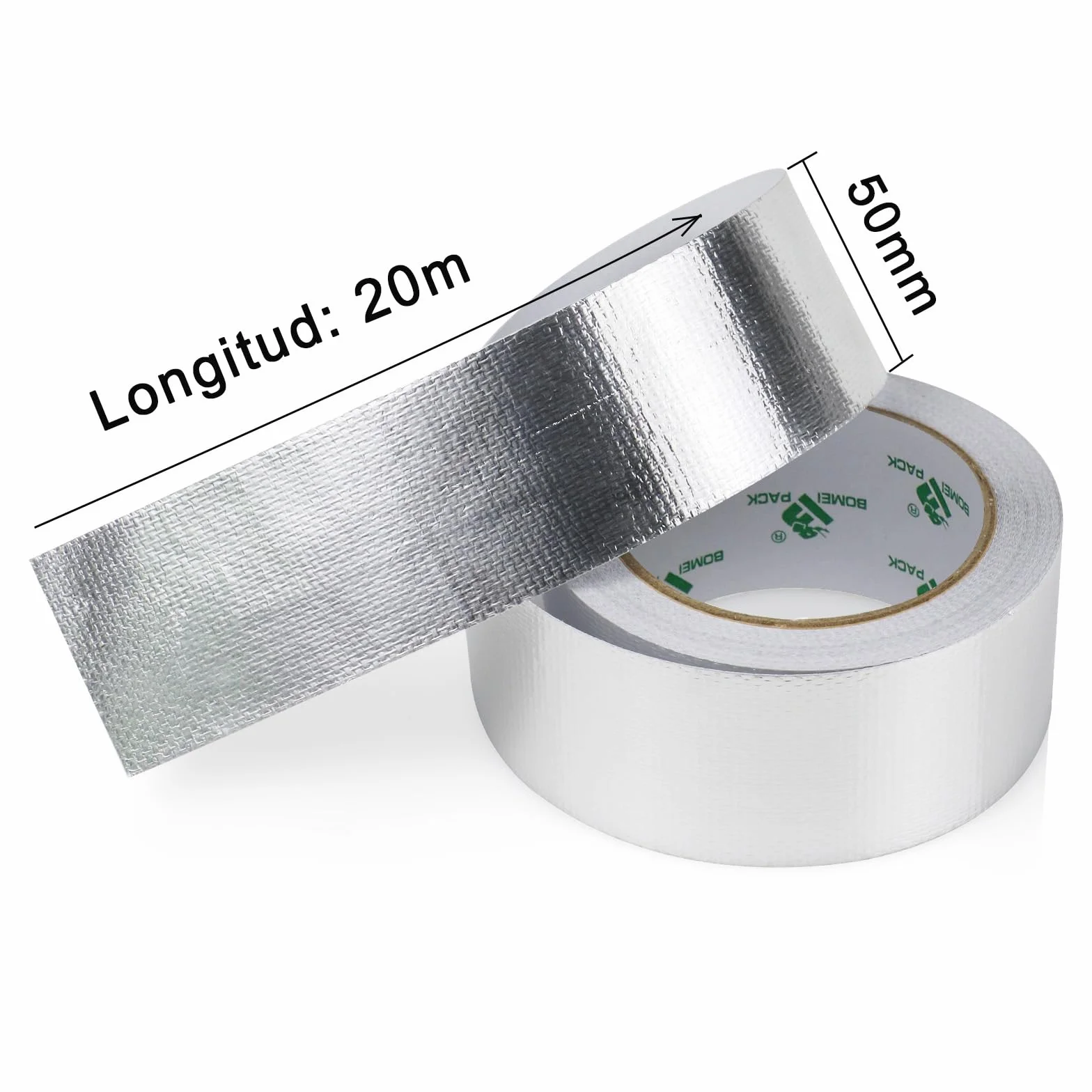 BOMEI PACK 50mmx20m Cinta adhesiva de aluminio reforzada aislante térmico - Rollo de aluminio adhesivo de alta temperatura de reparación - Cinta de Aluminio para Sellar Sistemas