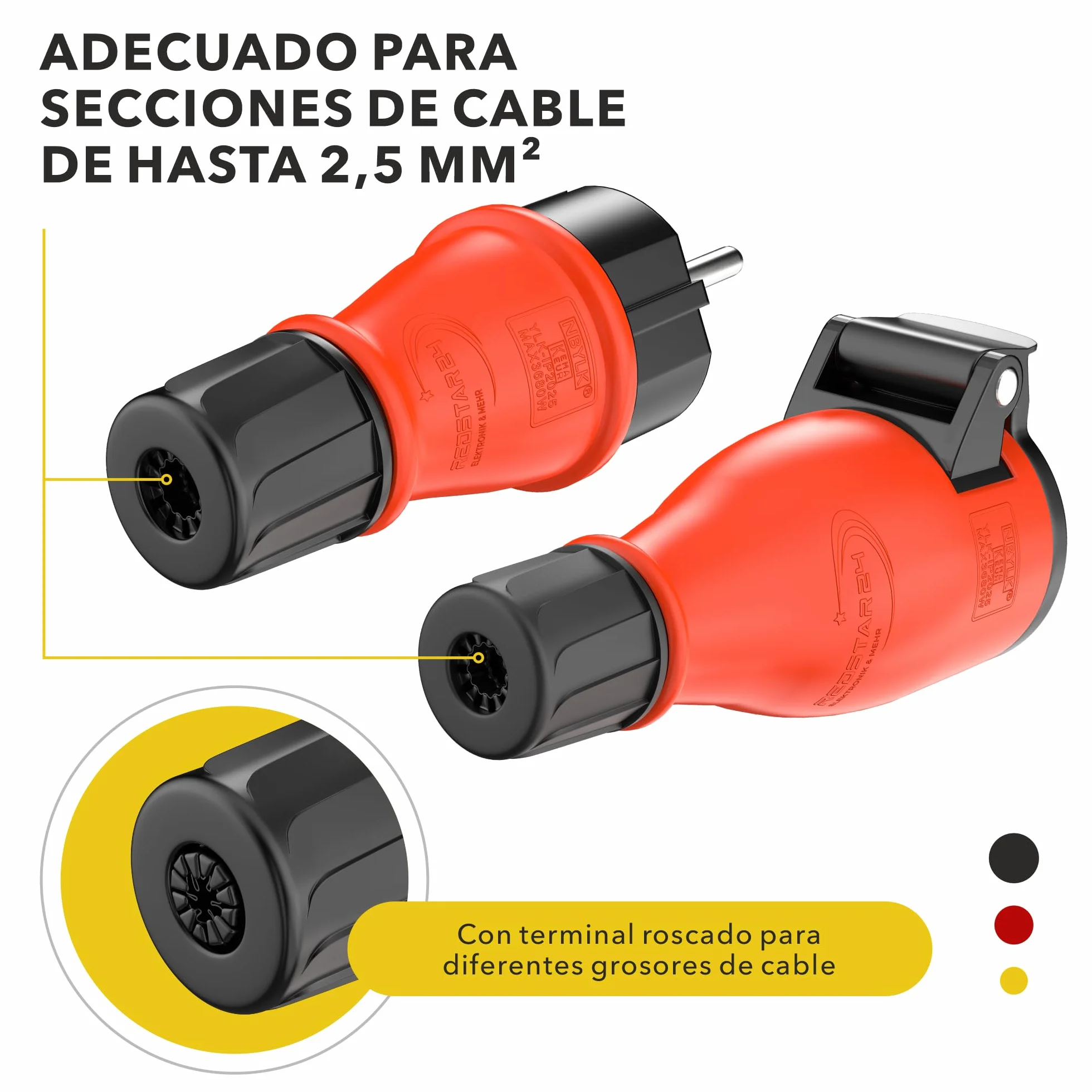 Clavija Enchufe Macho Schuko IP54 Goma Exteriores Negro Rojo
