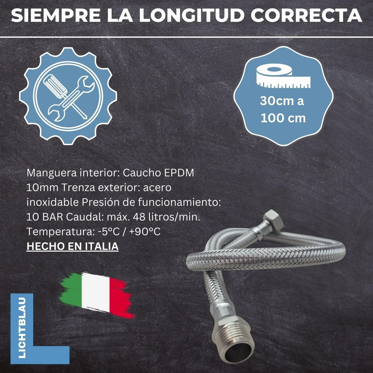 LICHTBLAU manguera de extensión flexible acero inoxidable 60 cm 1/2 pulgada, latiguillo prolongador antitorsión para grifo cocina y baño, agua potable, alta presión, resistente y duradera