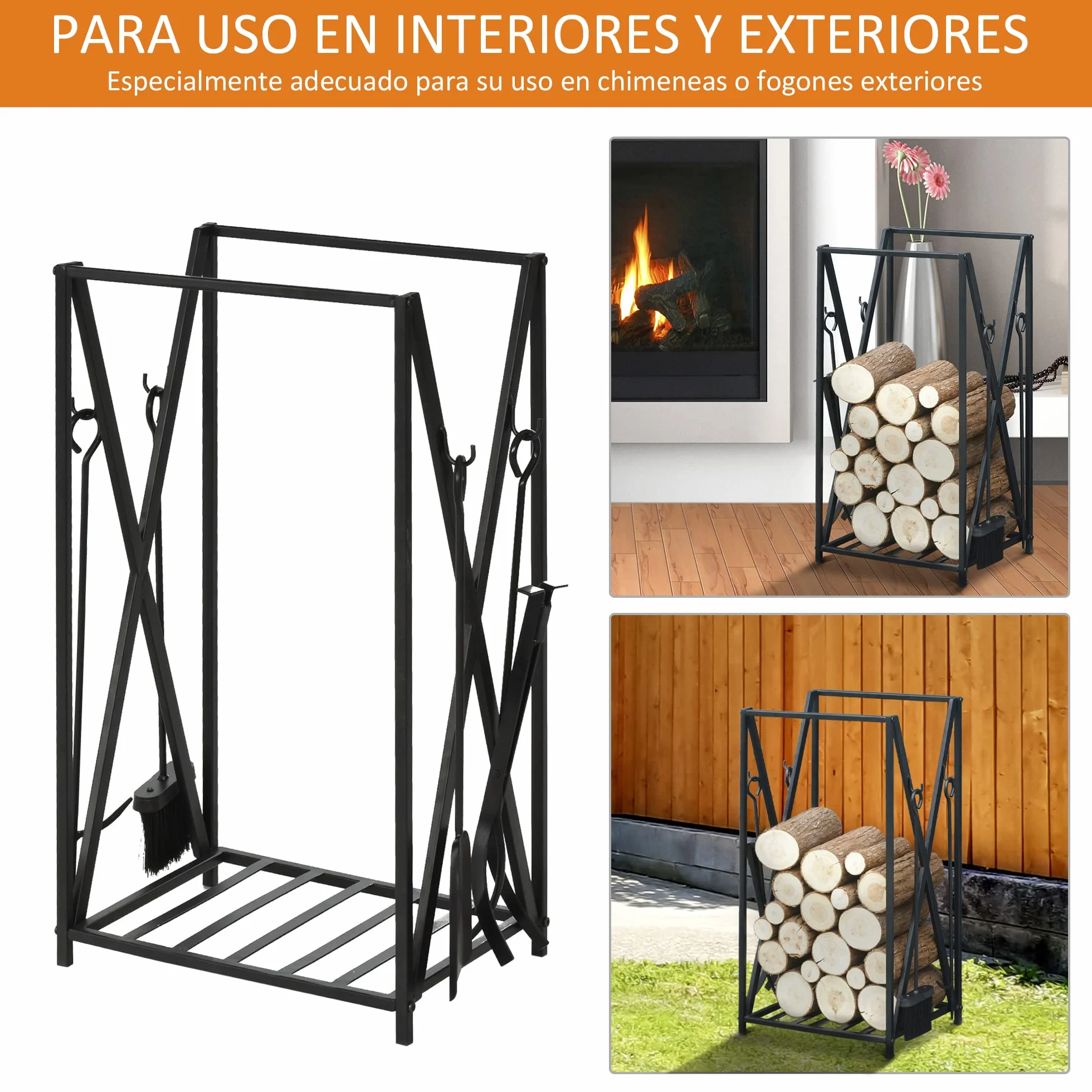 HOMCOM Estante de Leña para Chimenea Soporte para Leña con 4 Herramientas Incluidas Marco de Acero Estable Carga 100 kg para Exterior e Interior 46x30x76 cm Negro