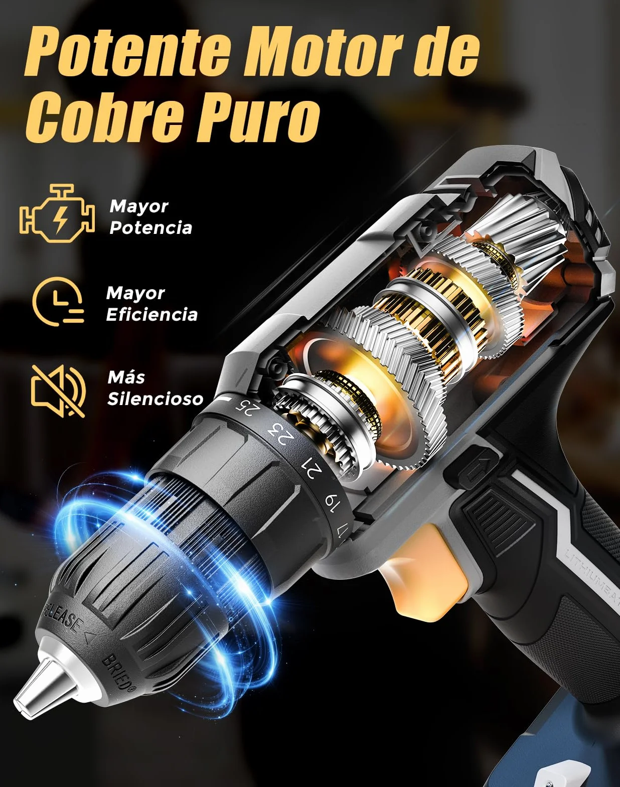 Taladro Atornillador Inalámbrico 20V, Taladro Atornillador Bateria 42Nm con 25+1 Ajustes de Torque, Luz LED, Kit 56 Piezas, Destornillador Eléctrico para Bricolaje en Casa y Jardín, Gris