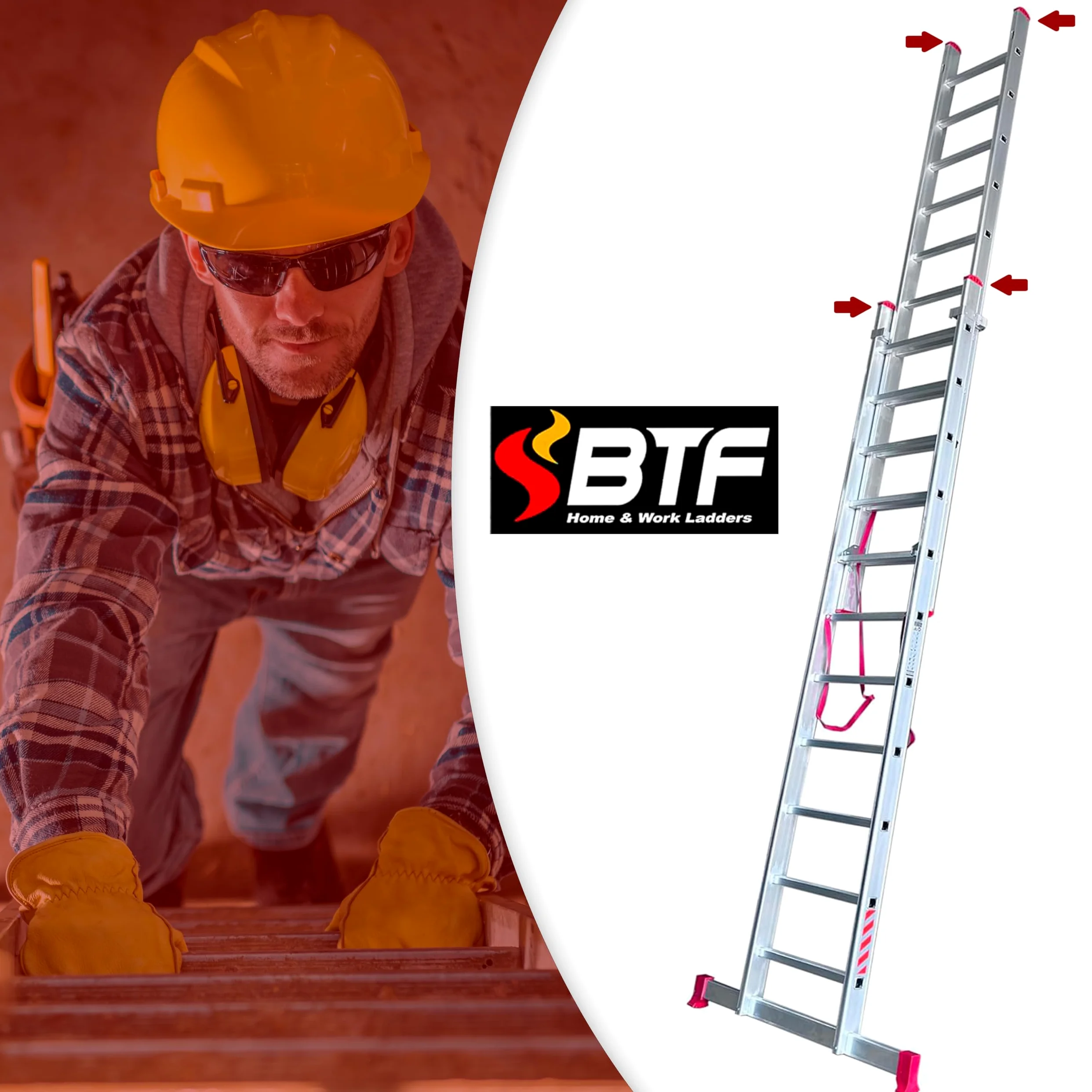 BTF | Juego de 4 Conteras para Escaleras Industriales Profesinoales 1, 2 o 3 Tramos Combinada y/o Extensible | Pies de Goma de Escaleras Perfil de Montante 80x25mm.