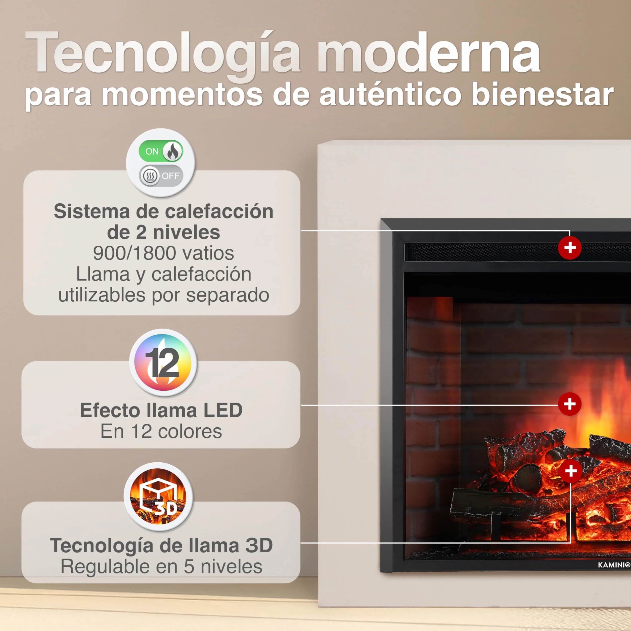 KAMINIO Eléctrica Chimenea Luca - Chimenea empotrada eléctrica con calefacción, Efecto de Llama 3D, 12 Colores de Llama, Control Remoto (30 Pulgada)