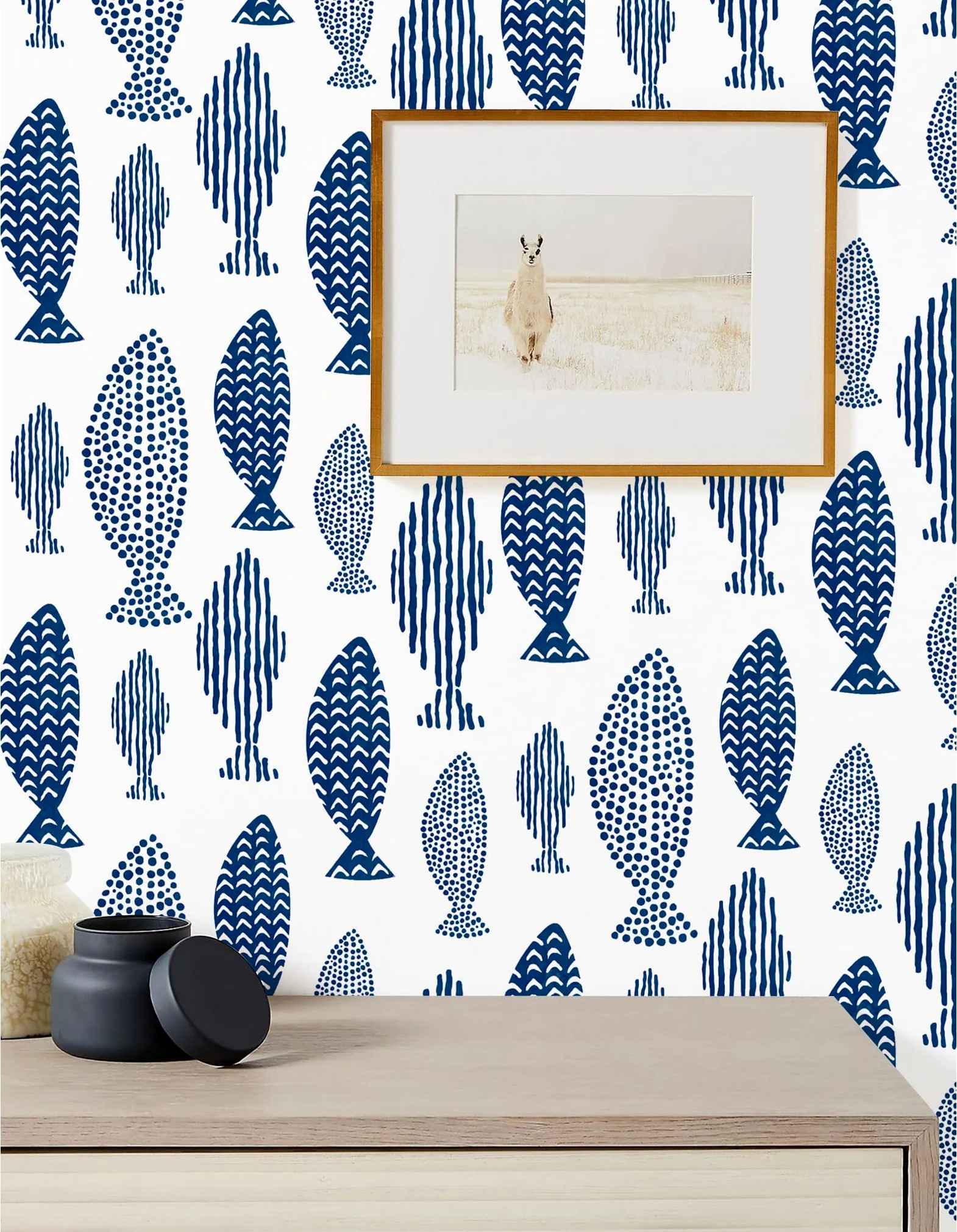 Papel Pintado Peces, 44.5 x 1000 cm Papel Pintado Trellis de peces del mundo submarino abstracto Indigo Blue Vinilo Adhesivo para Muebles,Libreria,Sala de Estar, Dormitorio,Baño,Cocina