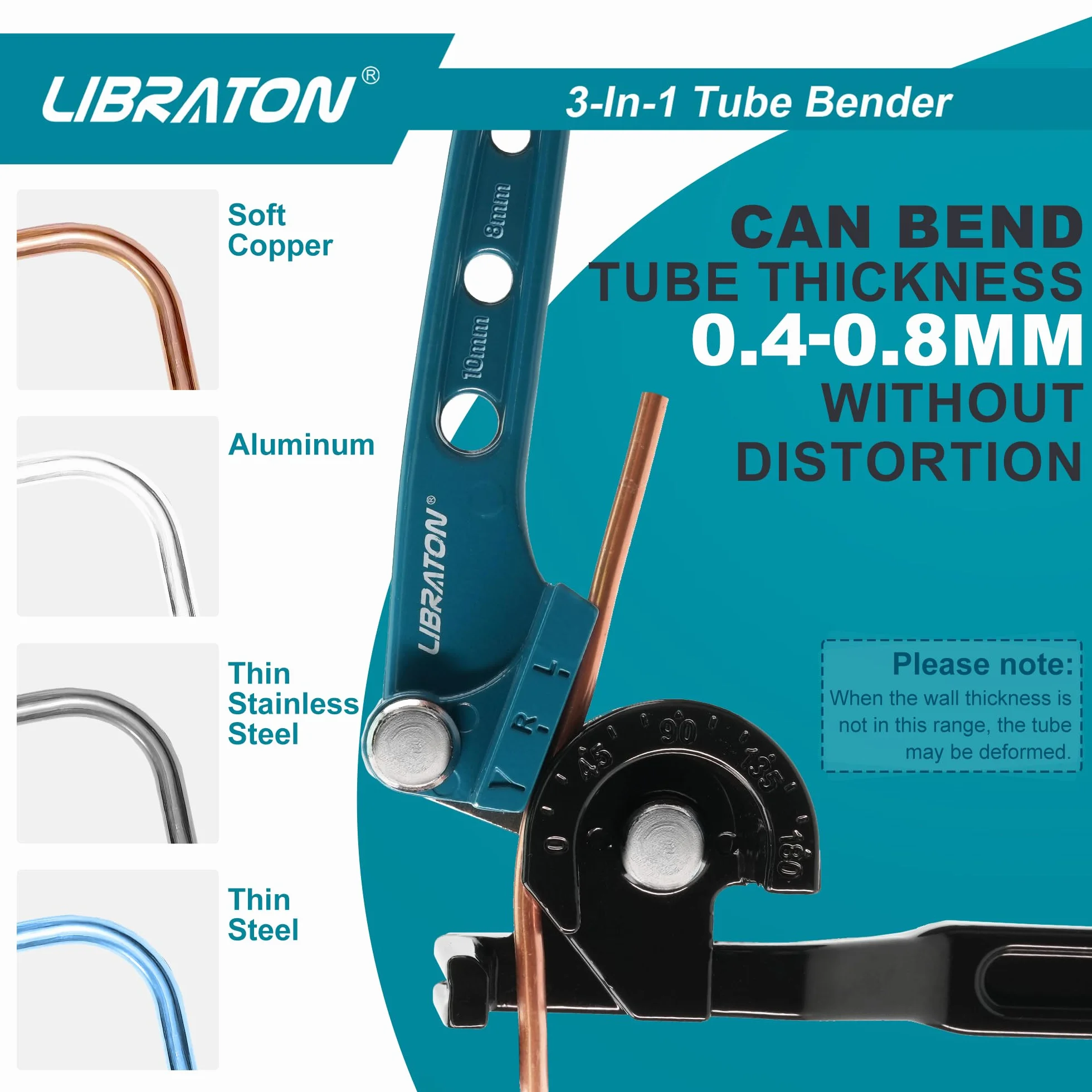 Libraton Curvadora de Tubo, Doblador de Tubos Manual 180 Grados, Herramienta de Doblado de Tubos para Tubos 6mm 8mm 10mm, Doblador Manual para Tubería de Cobre Latón Aluminio y Acero Fino