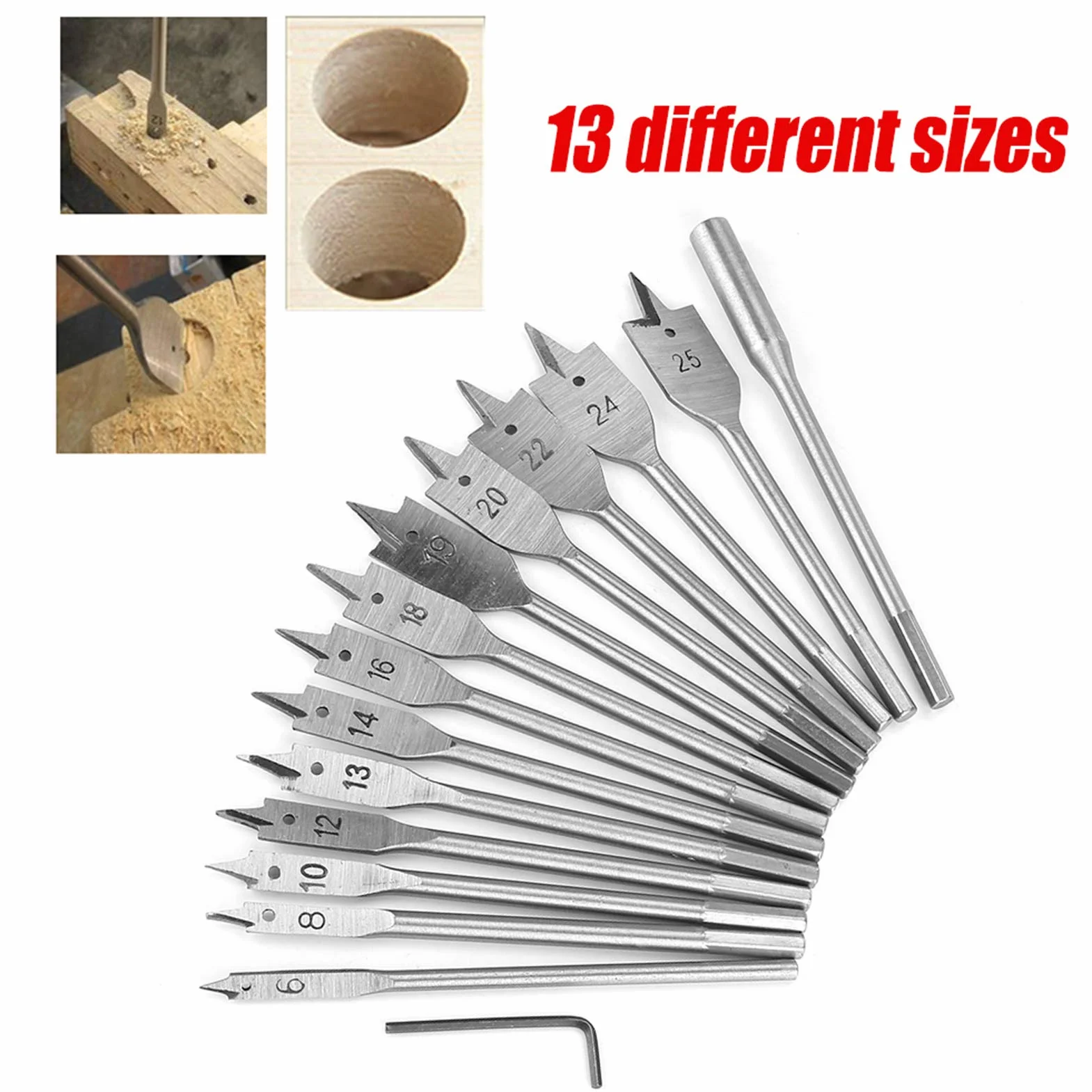 13 Piezas Brocas Planas, 6-25mm Juego De Brocas De Pala, Acero Al Carbono Para Madera, PVC Y Plásticos