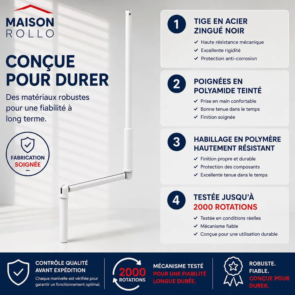 Manivela de persiana enrollable 100 cm – Manivela completa de acero lacado blanco Ø12 mm con mango ergonómico y soporte de pared – Maison Rollo
