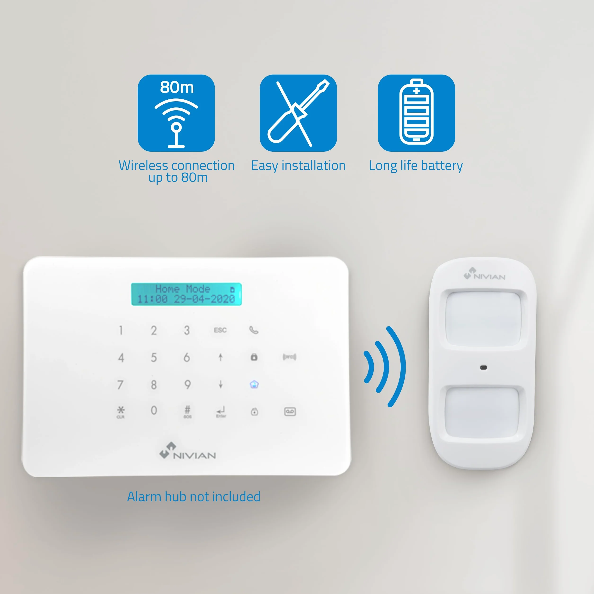Nivian Detector de Movimiento Inalámbrico Compatible con Alarma Nivian, Inmune a Mascotas 20kg, Cobertura Amplia, Tamper Anti-sabotaje