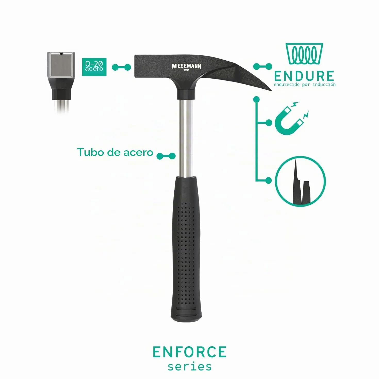 Martillo sacaclavos de 600 g de acero especial con imán de la ENFORCE Serie de WIESEMANN 1893 | Empuñadura rugosa de acero | 80577