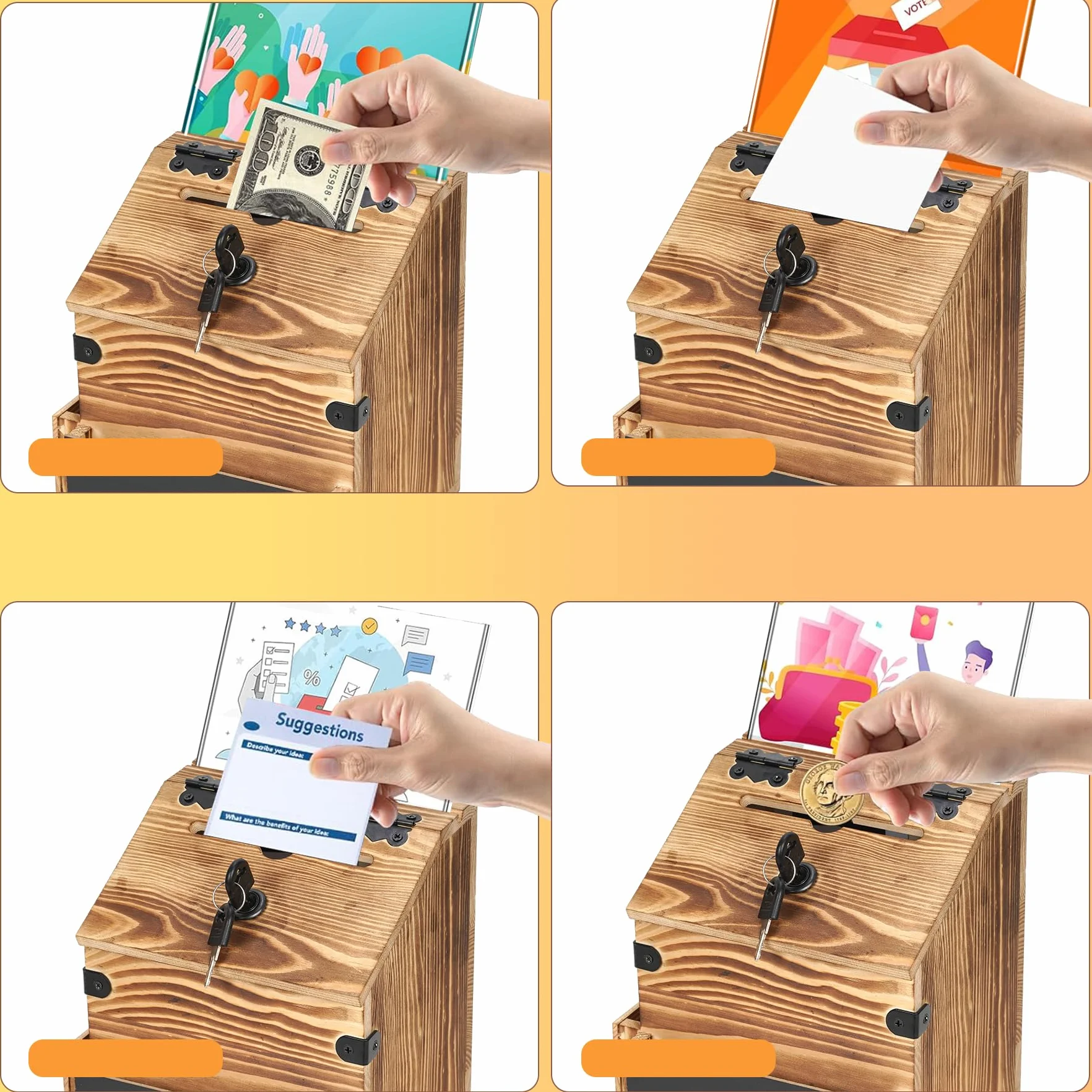 Buzón de madera con compartimento para periódicos, buzón con cerradura, buzón de correo marrón, urna, caja de sugerencias, caja de donación