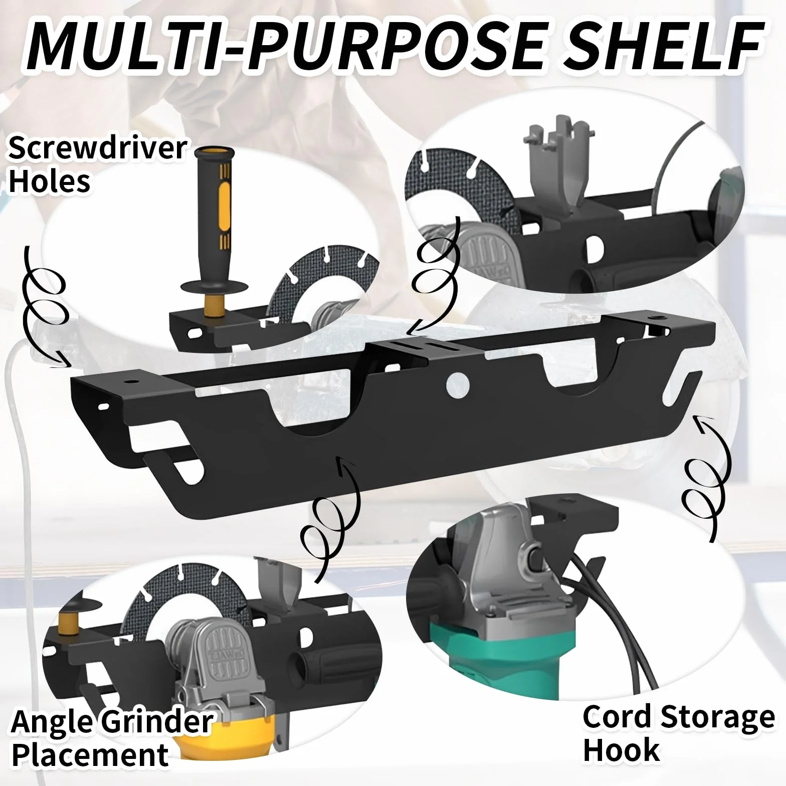 Soporte Para Amoladora Angular,Con 2 Compartimentos Soporte De Pared Para Amoladora Angular Con Suspensión De Cable y Soporte De Disco, Compartimento De Almacenamiento Para Pulidora
