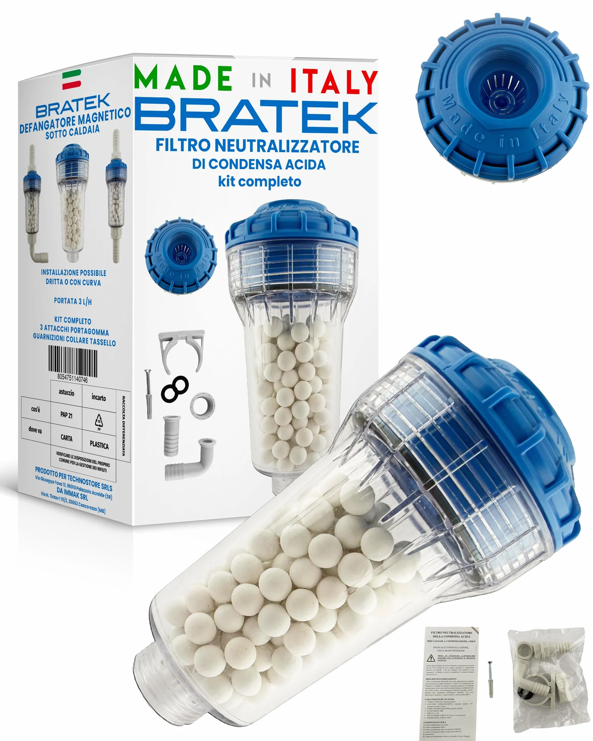 Bratek Filtro neutralizador de condensación de caldera – Filtro neutralizador de condensación ácida para caldera de condensación de hasta 35 kW – Neutraliza la acidez haciendo que el pH vuelva a los