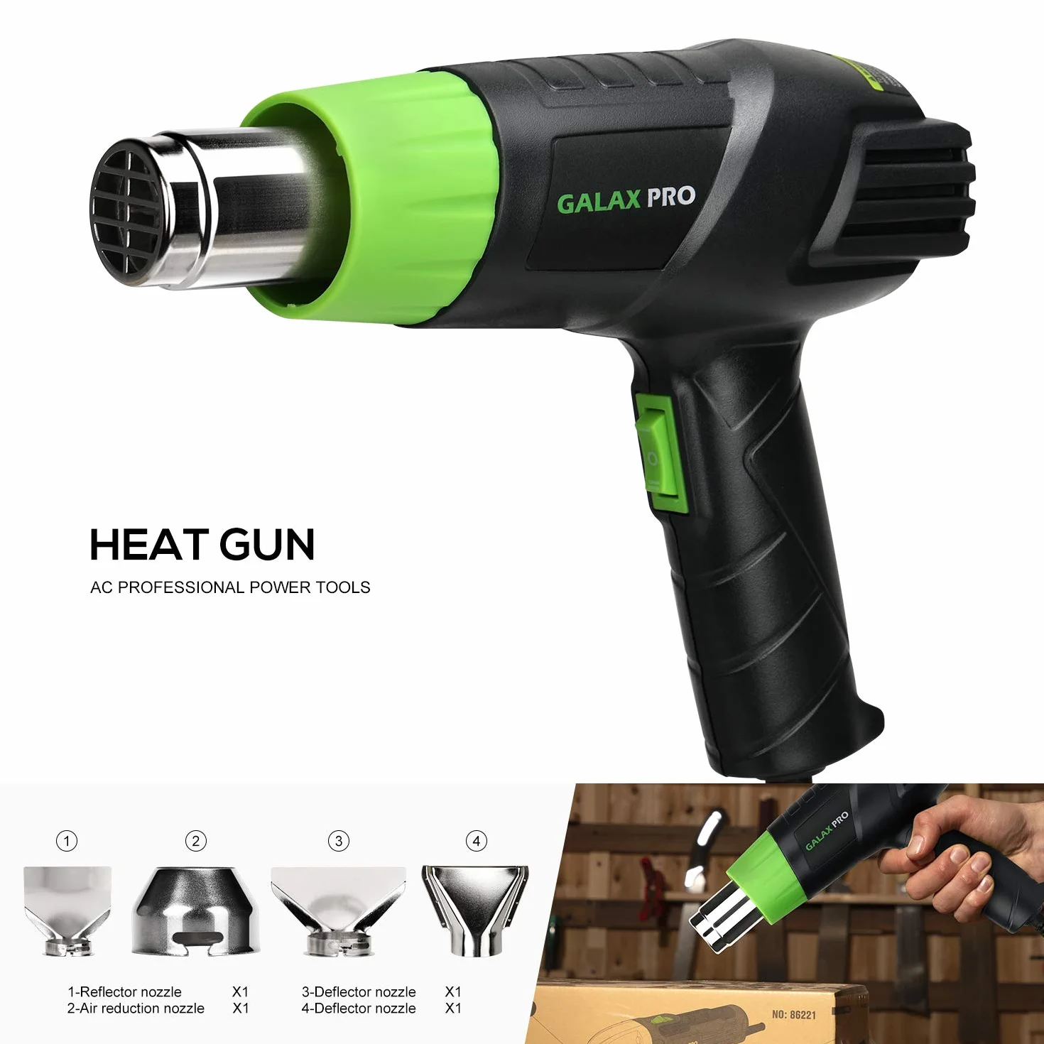 GALAX PRO Pistola de Aire Caliente, 2000W Dos Niveles de Temperaturay Tlujo de Aire Ajustables (Ⅰ: 350 ℃ 250L / min, Ⅱ: 550 ℃ 500L / min) con 4 Boquillas, Doble Protección