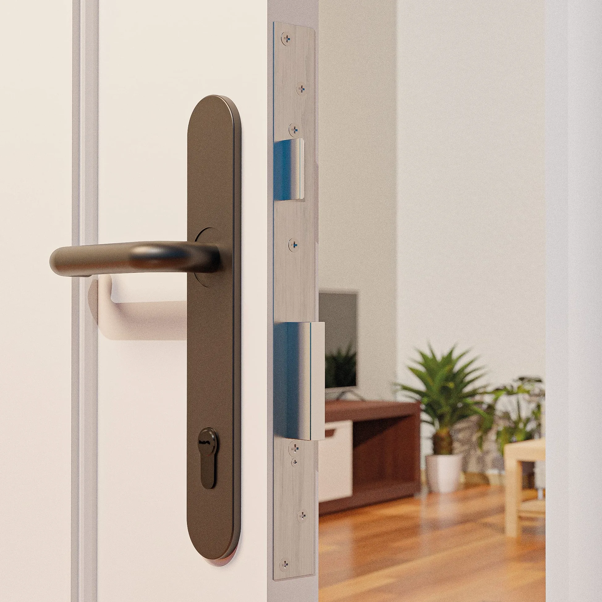 Amig - Juego de Manilla con Placa de Polipropileno para Puertas - 245 x 45 mm - Cuadradillo de 8 mm - Diseño Sencillo ideal para tu hogar u oficina - Con Bocallave - Acero y Polipropileno Negro
