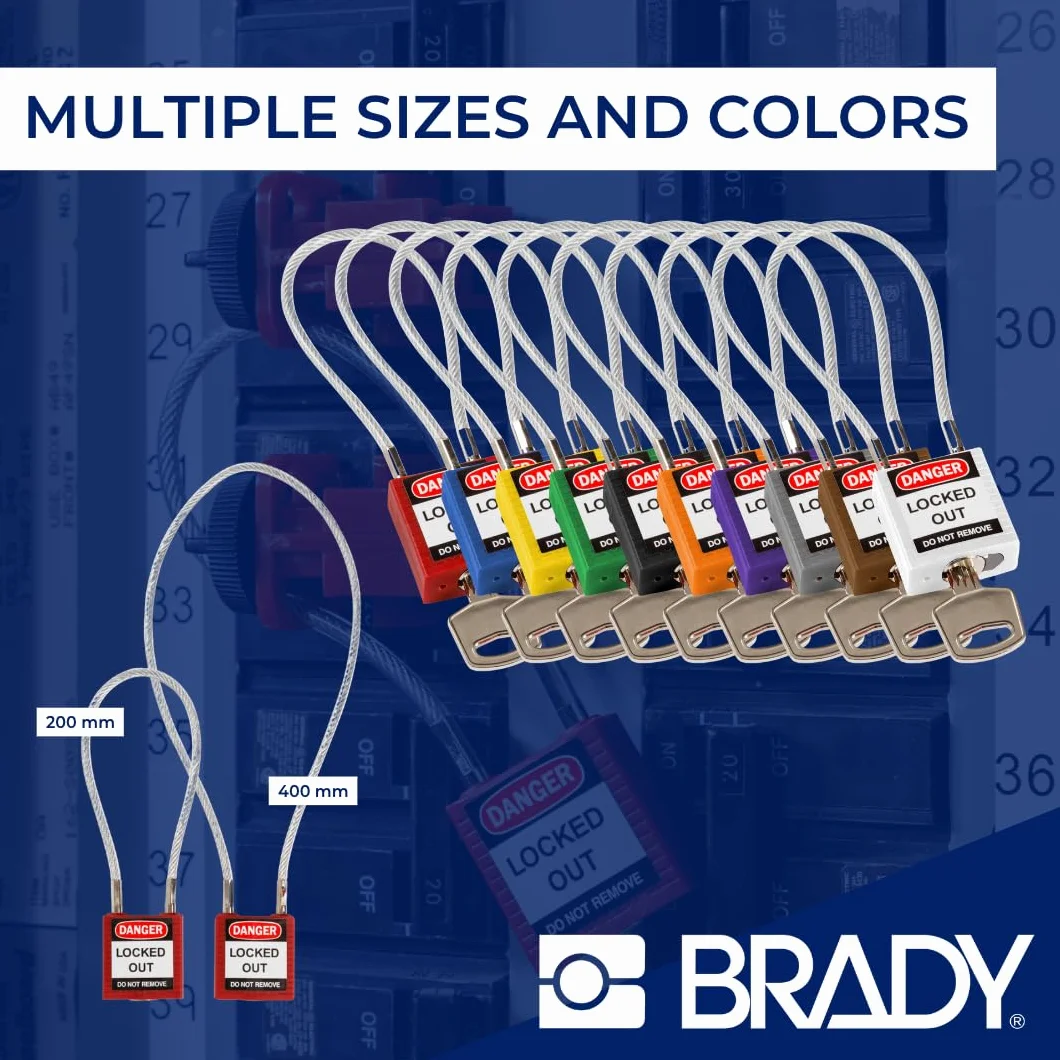Brady Candado de Cable Compacto Paquete de 1 - Bloqueo de Seguridad Lockout Tagout - Candado de Seguridad - Llaves Diferentes - 32mm x 35mm x 16mm - Longitud del Cable 200mm, Azul
