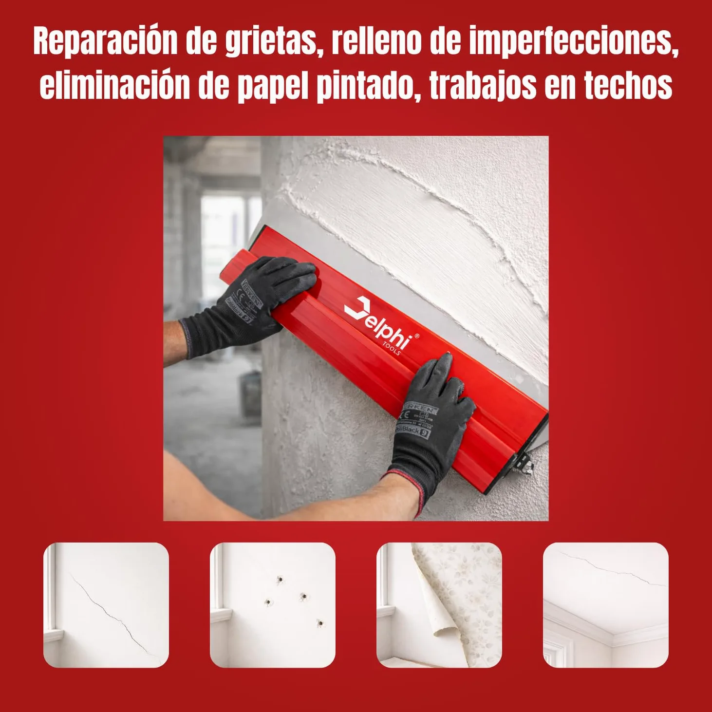Delphi Espátula para Pladur (40/60/80/100 cm) - 80 cm con Hoja de Acero Inoxidable 0,3 mm | para Alisar Paredes y Techos | Para Yeso, Masilla, Pintura y Cola + 2 Esponjas GRATIS