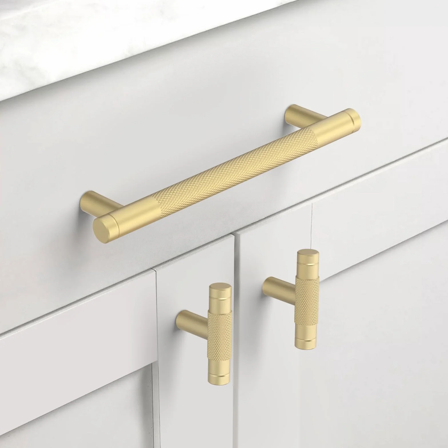 Amerdeco 10 Piezas Pomos y Tiradores en Forma de T, Oro, para Cocina y Armarios, Tirador de Puerta en Aleación de Aluminio, Agujero Único UK0026