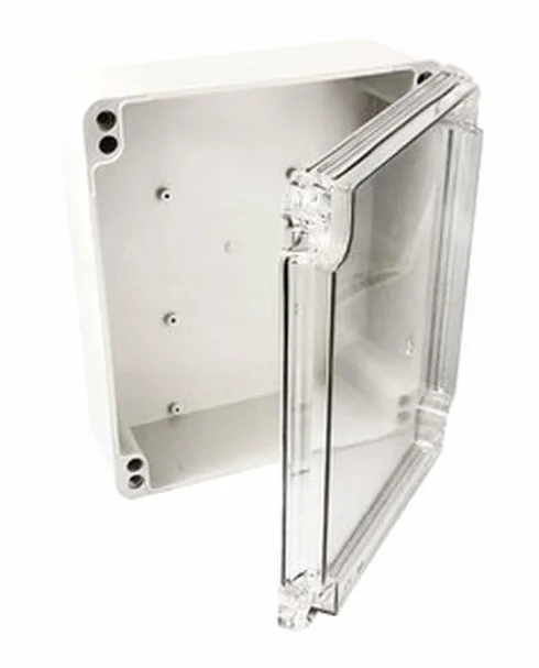 Caja estanca 300x265x130mm con puerta transp, ideal para protección en entornos húmedos y almacenamiento seguro de equipos.