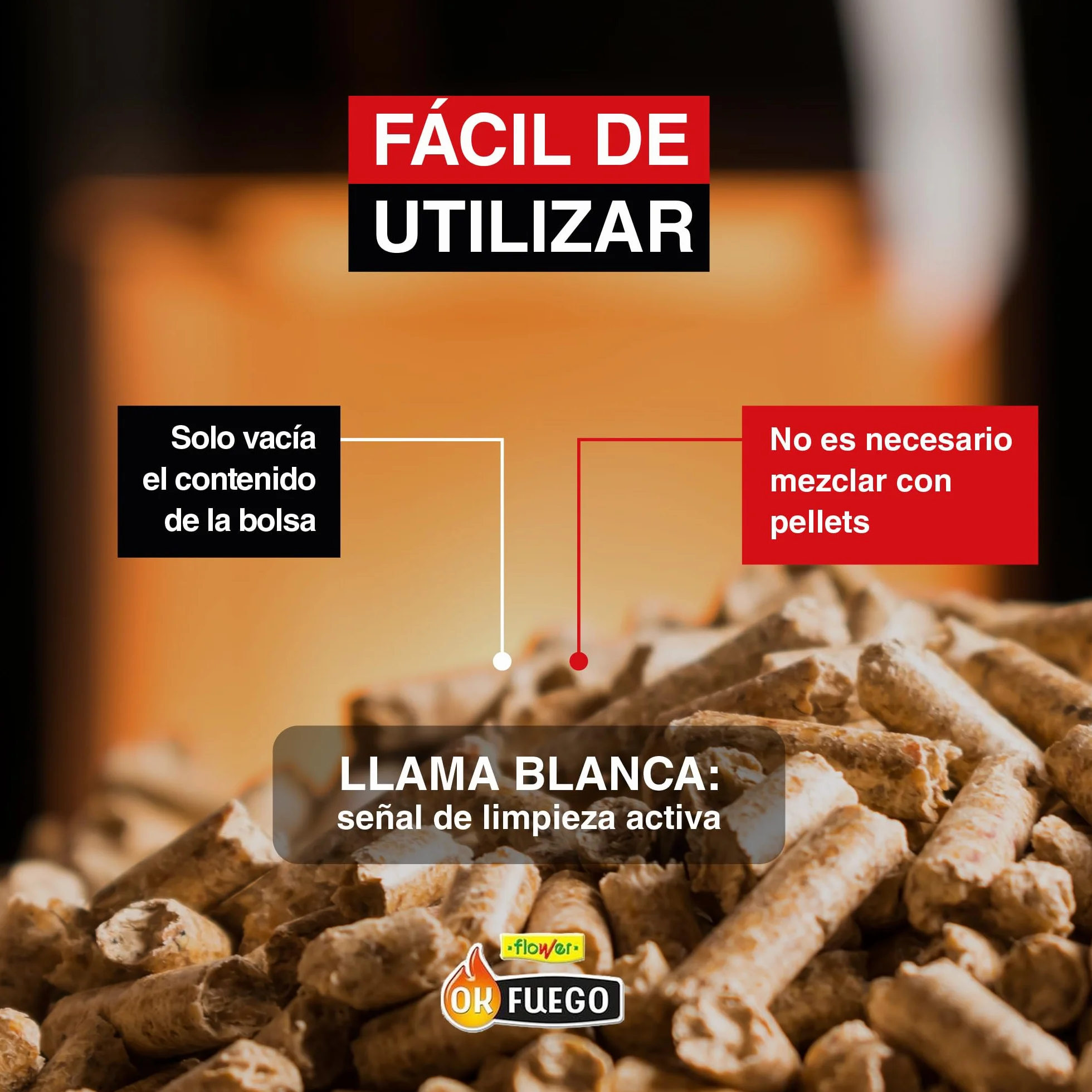 FLOWER Deshollinador Estufas y Calderas de Pellet 4,5 kg | Limpieza Hollín, Alquitrán y Polvo Chimena | Ahorro de Combustible y Mejora Rendimiento | Mayor Vida Útil Estufa