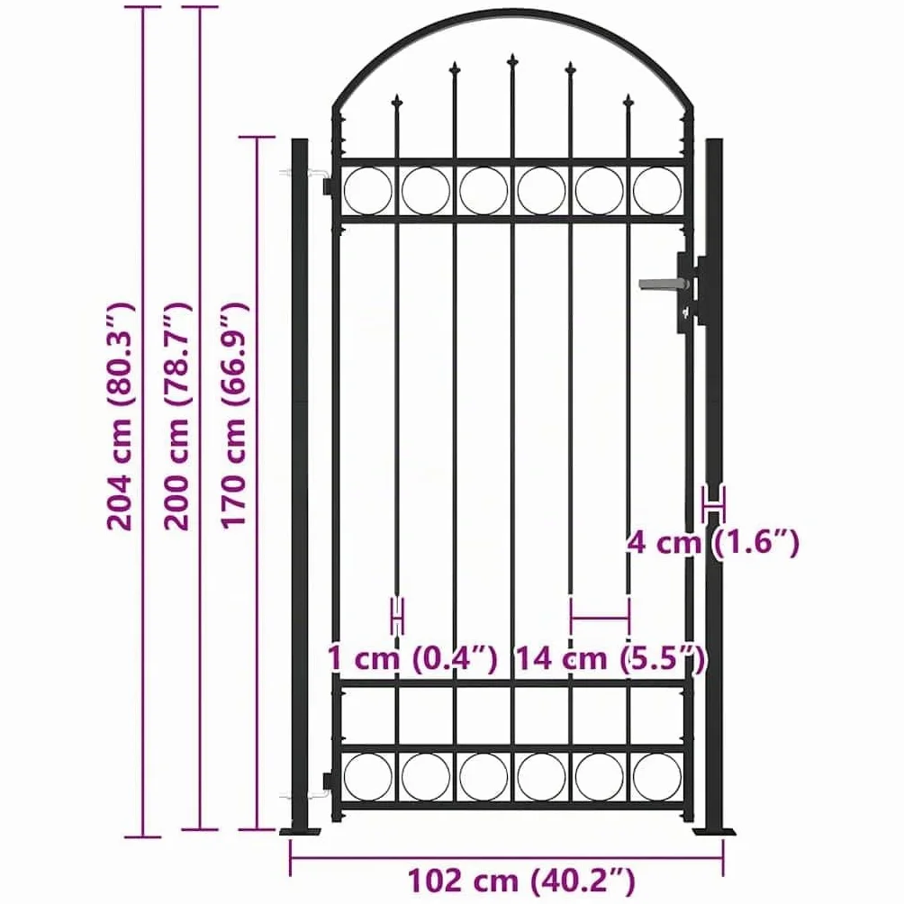vidaXL Cancela de Valla Assen Sencilla Individual Puerta de Jardín Entrada Exterior con Forma de Arco con Dos Postes de Acero Negro 105x170 cm