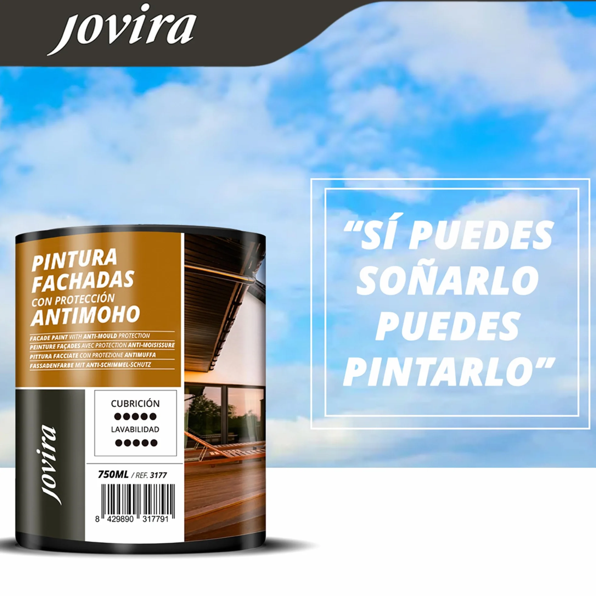 JOVIRA PINTURAS PINTURA FACHADAS ANTIMOHO. Repelente al agua, impermeable y anti fisuras. (4 Litros, Blanco) A-10