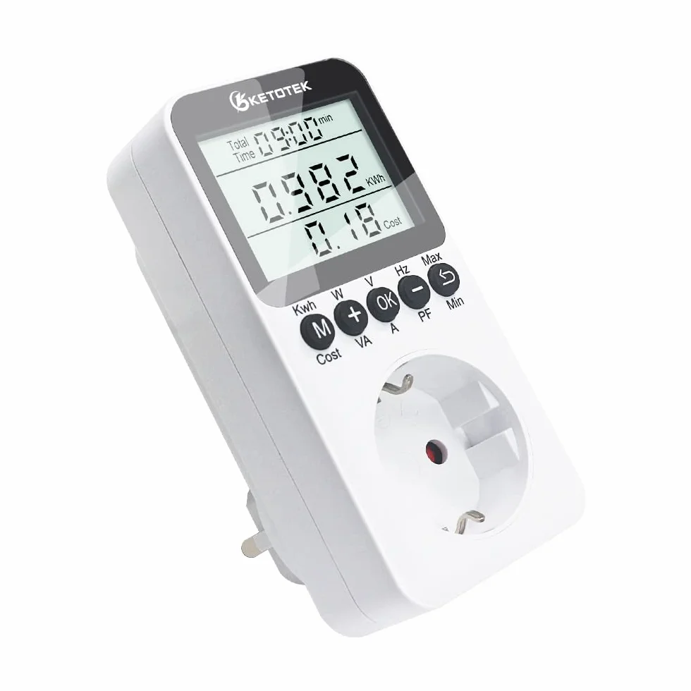KETOTEK Medidor de Consumo Electrico, Enchufe Medidor de Energía con Pantalla LCD, Reteción de Datos Medidor de Costo de Electricidad 3680W Protección contra Sobrecarga