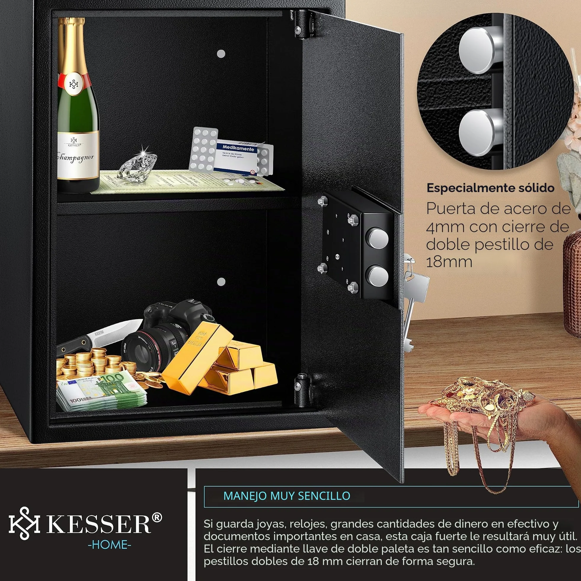 KESSER Caja fuerte de suelo-pared 50x35x31 cm con cerradura de doble paletón incluye 2 llaves