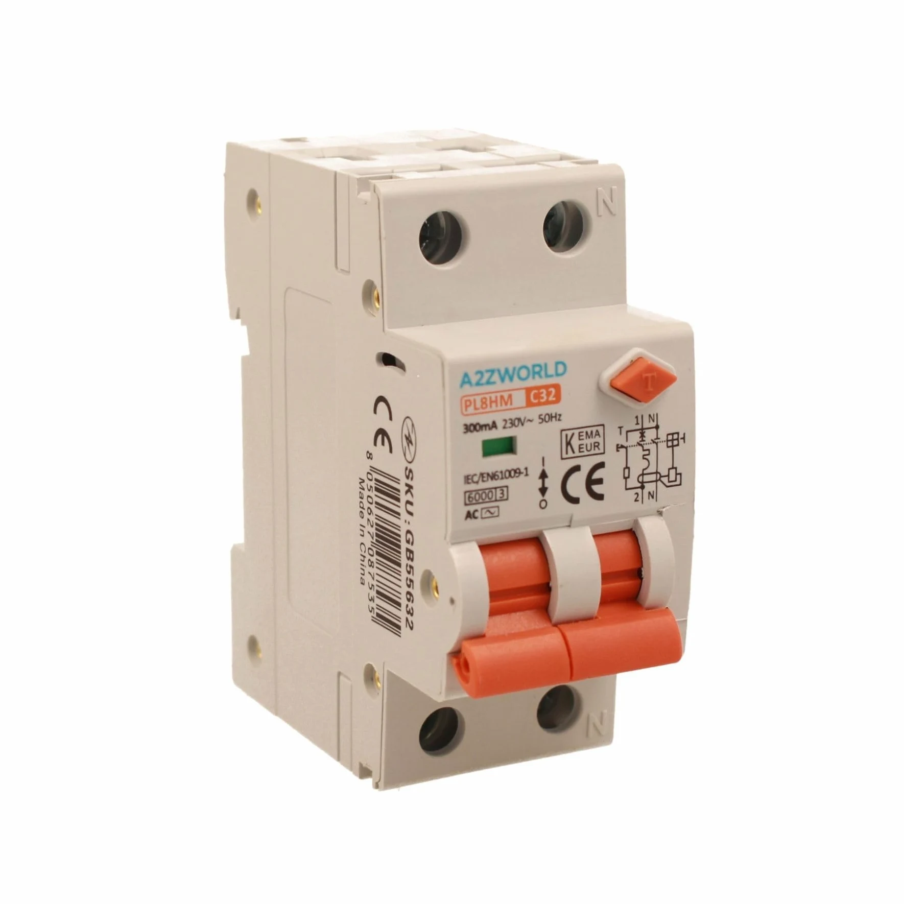Interruptor magnetotérmico diferencial 300 mA 32 A C32, RCBO tipo AC curva C, salvavidas 1P+N 6000 A, ocupa 2 módulos DIN