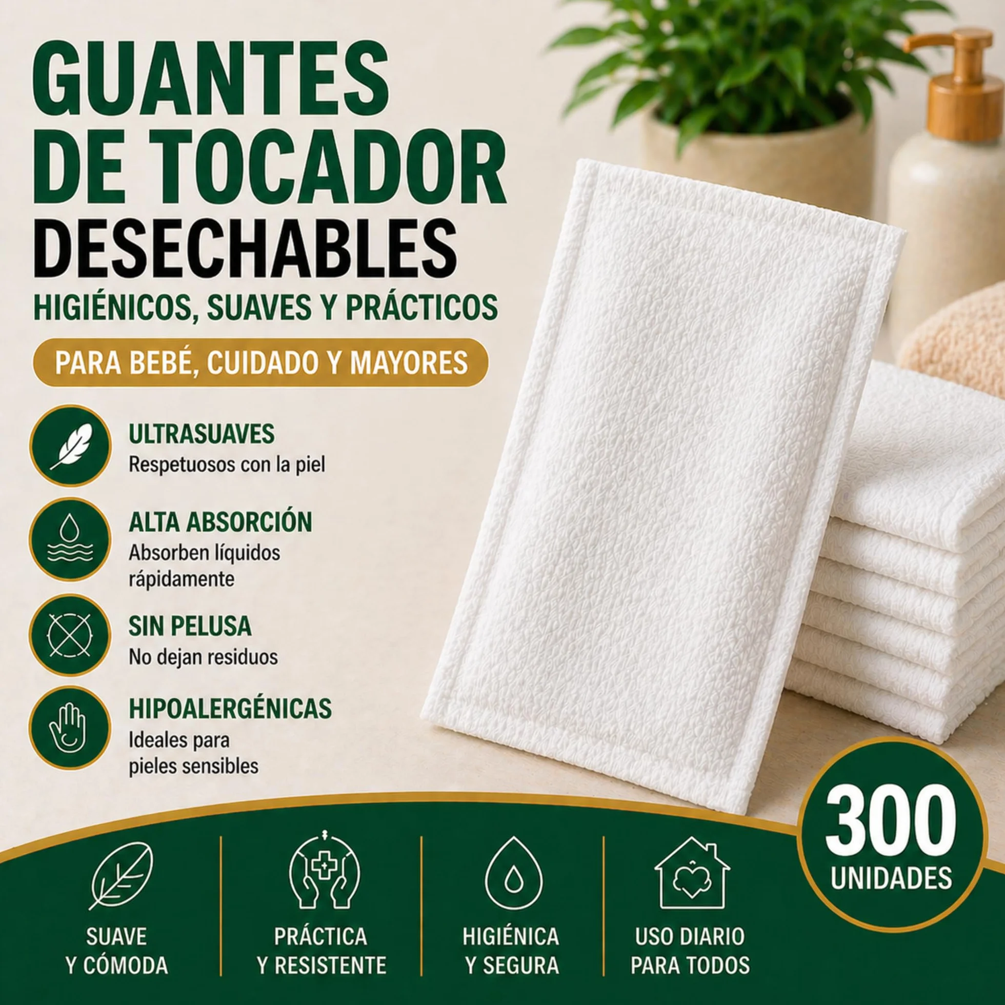 300 Guantes de Baño Desechables Ultra Suaves - No Tejidos Acolchados - Cuidado Médico e Higiene - Blanco - Le Pro del Médico