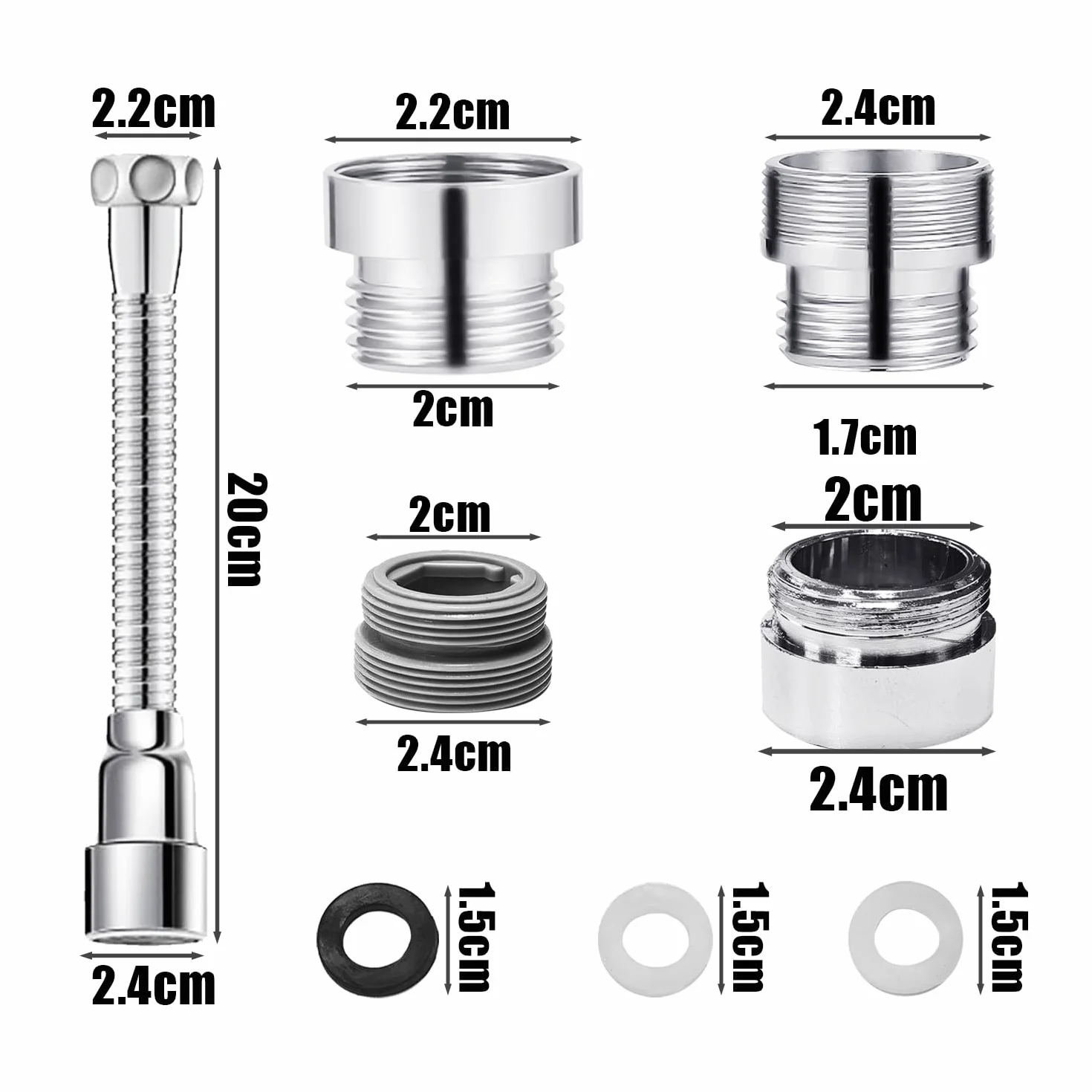 KRYMSON 1 extensión de grifo (20 cm, acero inoxidable) y 2 adaptadores de grifo (24 mm/22 mm exterior, 20 mm interior), adecuado para cocina, baño, inodoro