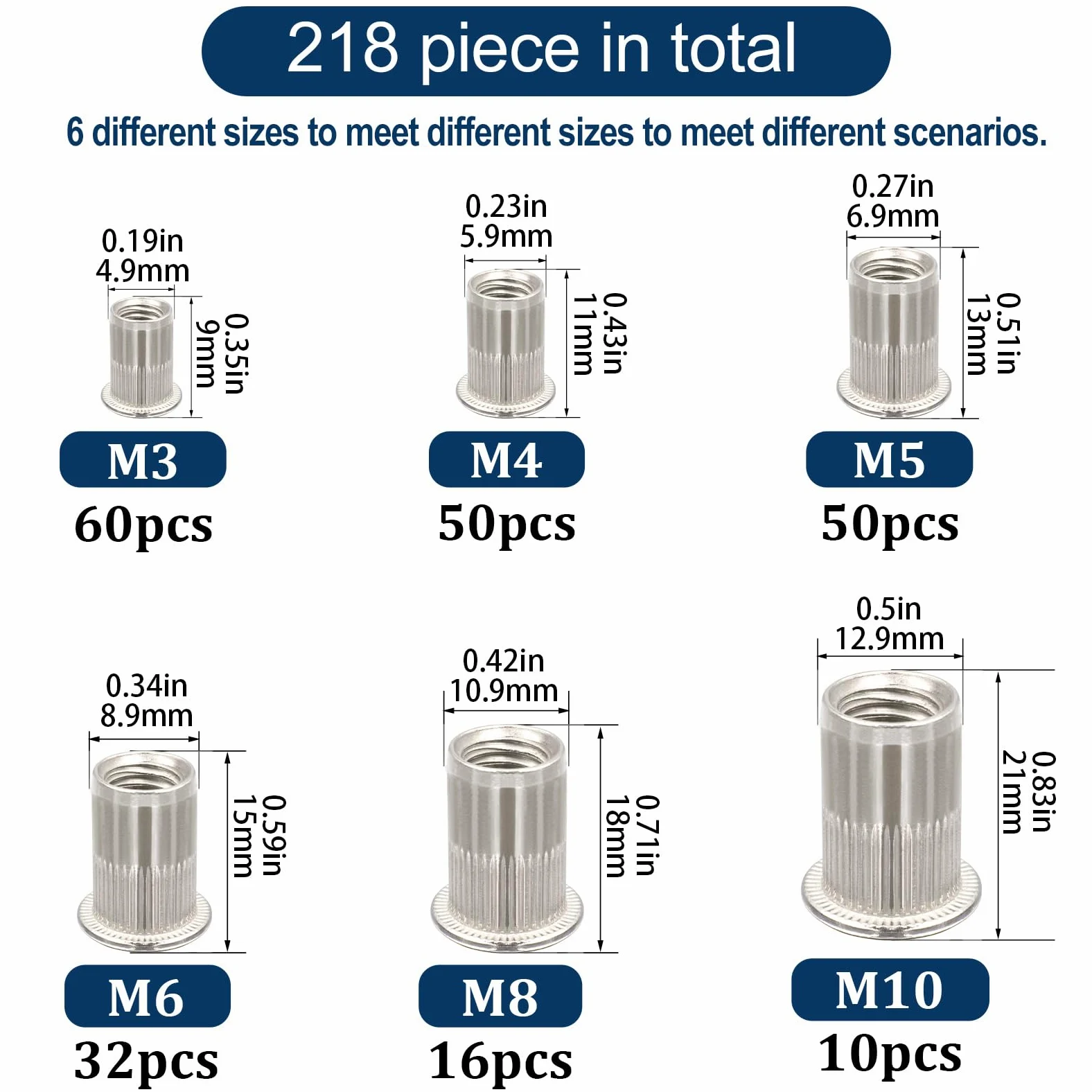 Kit surtido de tuercas remachables métricas de acero inoxidable 304 Vifmy (218 piezas): cabeza plana, M3, M4, M5, M6, M8, M10 Juego de tuercas remachables, tuercas roscadas insertables