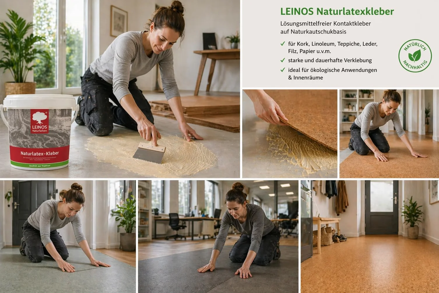 LEINOS Pegamento de látex natural 1,00 kg – adhesivo de contacto libre de solventes a base de caucho natural – para alfombras, corcho, cuero, fieltro, linóleo y papel – ideal para aplicaciones
