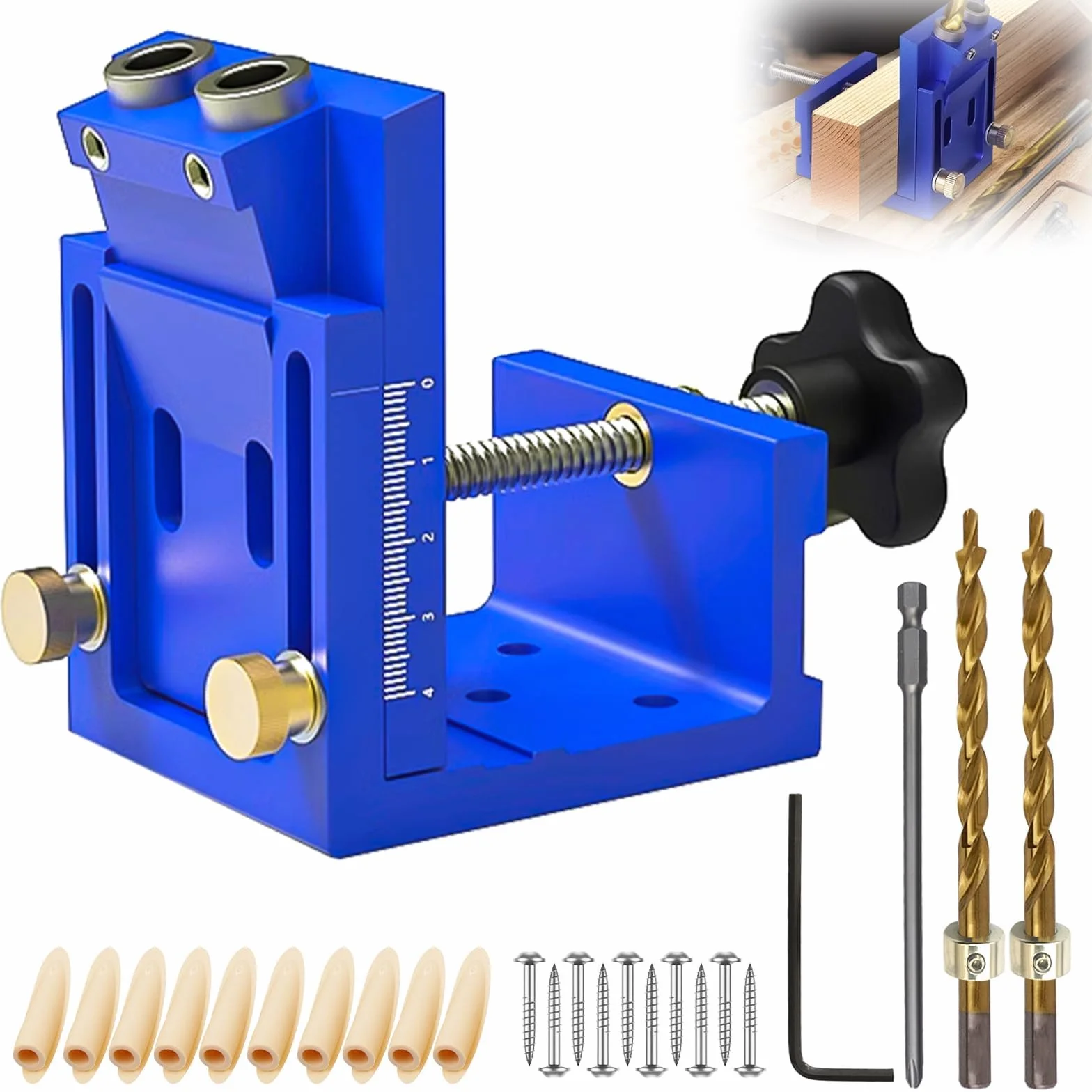 Ajustable Guia taladro, Azul Retirable Pocket Hole Jig, Plantilla Perforación Agujeros Bolsillo con 2 Brocas de 9 mm, para Carpintería y Fabricación de Muebles (Azul)