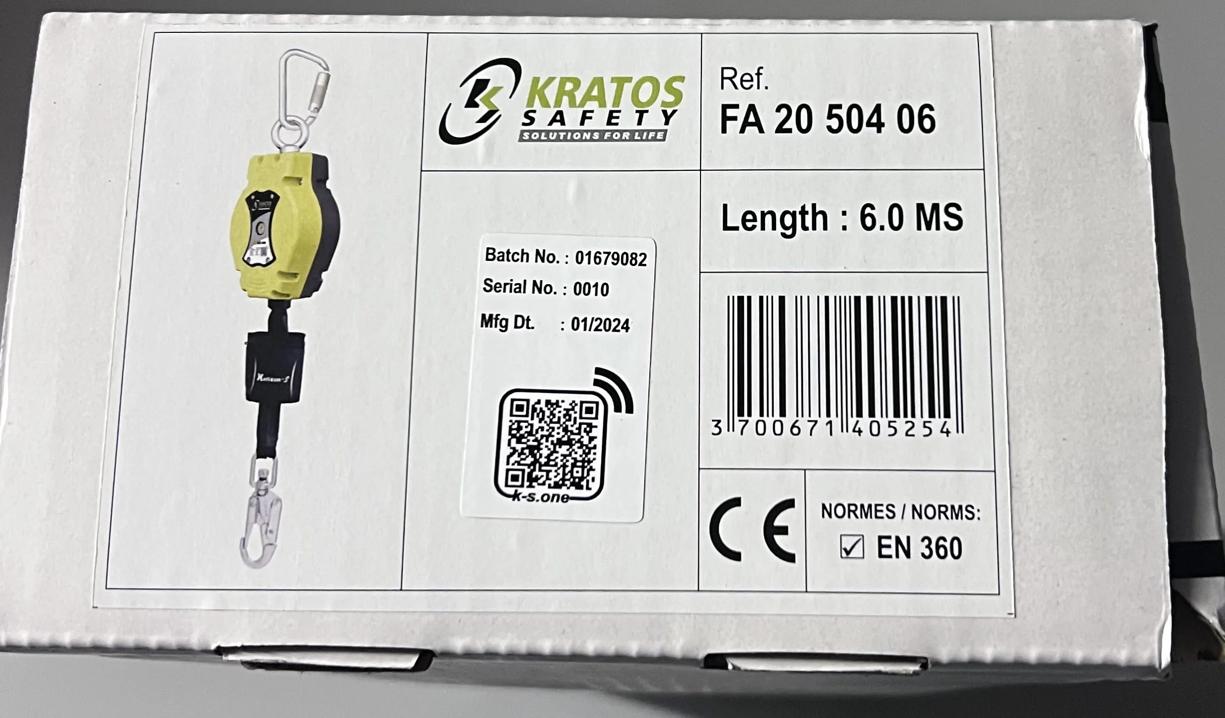 Cinta anticaída retráctil de 6 m y resistencia 15 kN HELIXON-S KRATOS SAFETY