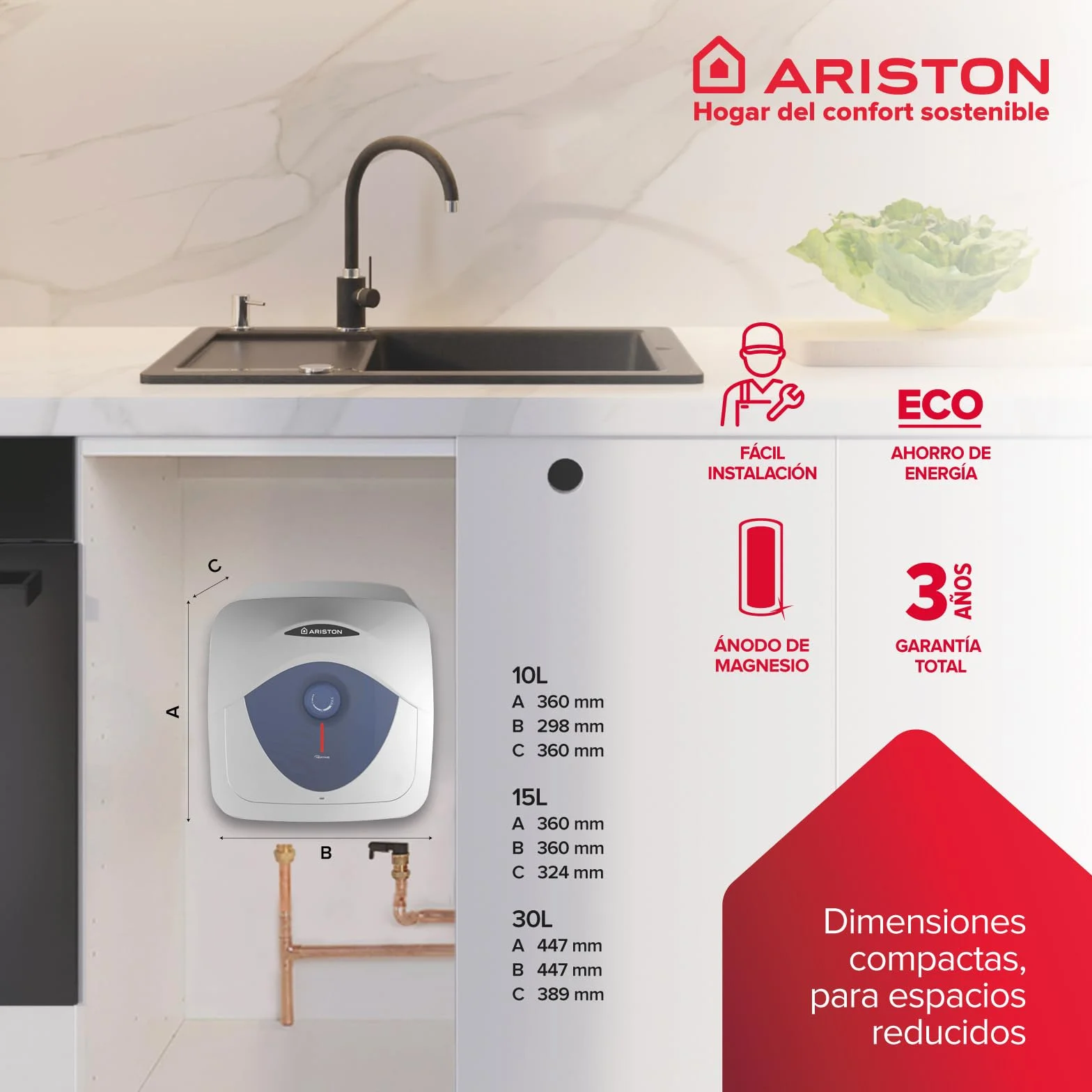 Ariston Blu Evo RS Termo Eléctrico 30 Litros Bajo Consumo, Calentador de Agua Eléctrico Vertical 44.6x41x44.6cm, Eficiencia C