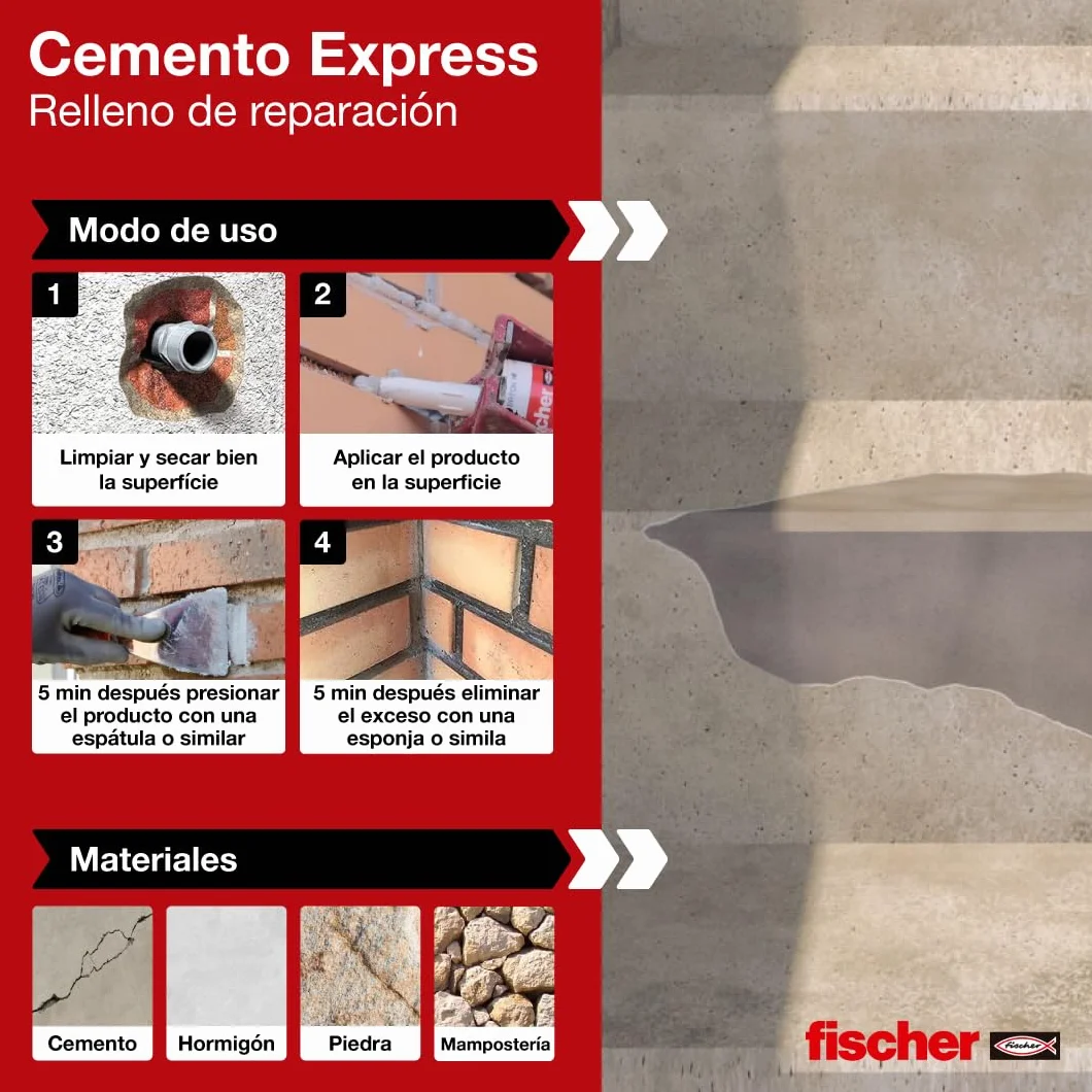 fischer - Cemento Express 310ml Gris Claro | Relleno de Reparación de Juntas | Uso Interior y Exterior | Aplicación Fácil con Pistola de Silicona | Resistente a la Lluvia, Multicolor, 310 ml