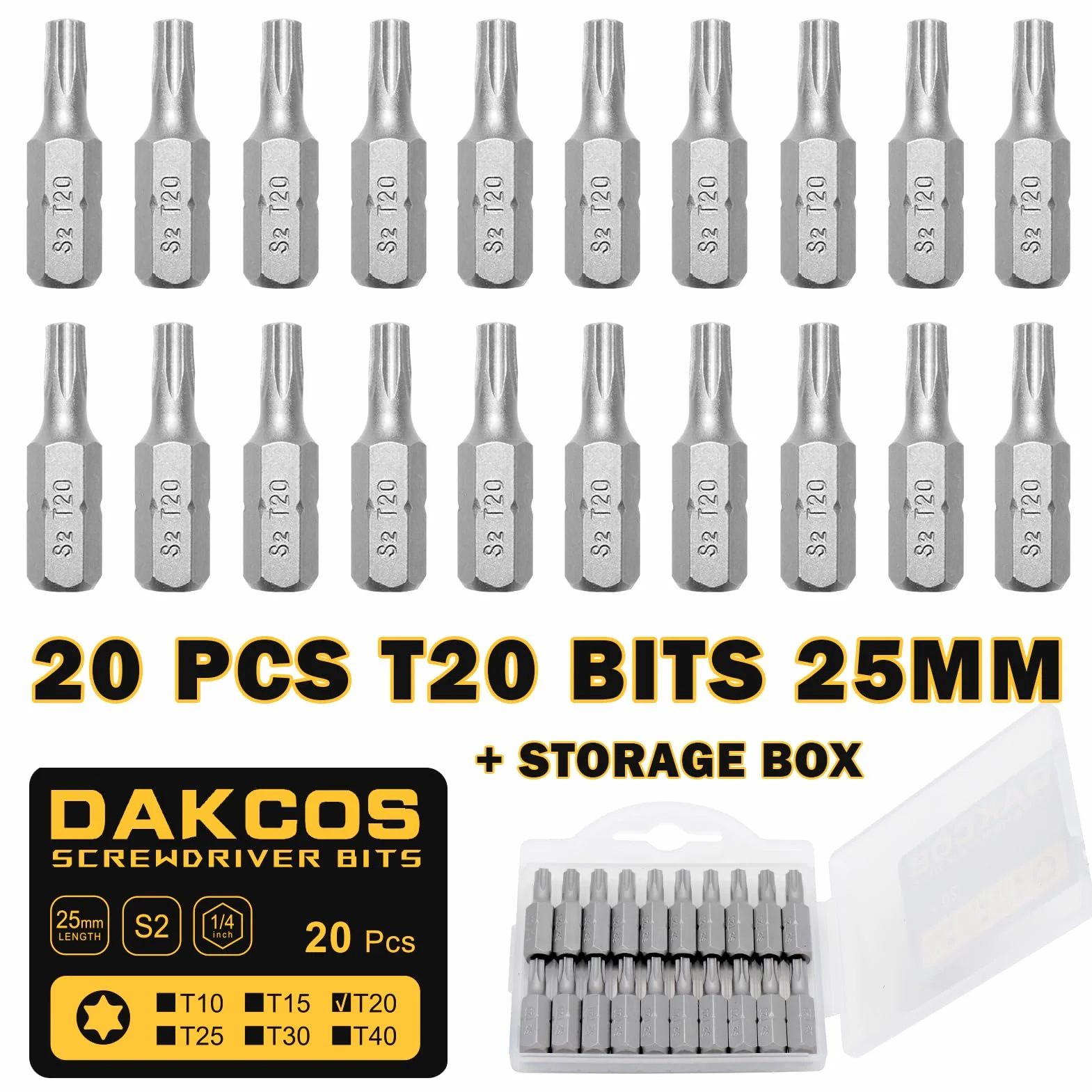 DAKCOS Juego de puntas de destornillador de estrella Torx de T20 de 20pc, acero S2 longitud de 25mm